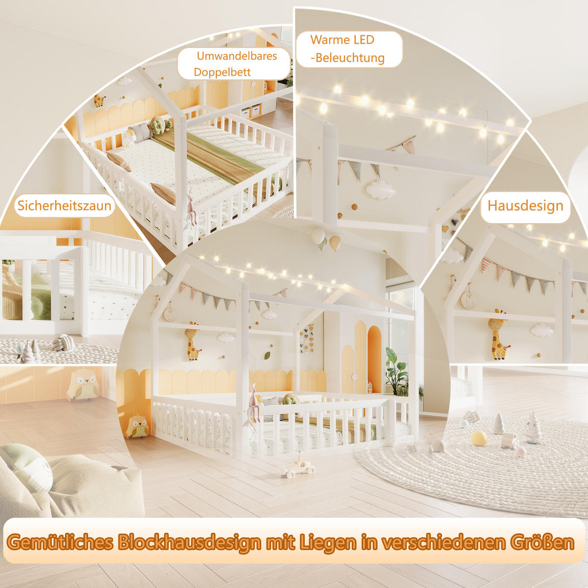 HAUSBETT aus Kiefernholz 90x190/180x190 cm Weiß mit Schutzgitter, LED-Licht und teilbarem Dual-Design - Weiß, Holzwerkstoff (90/190cm) - Modfu