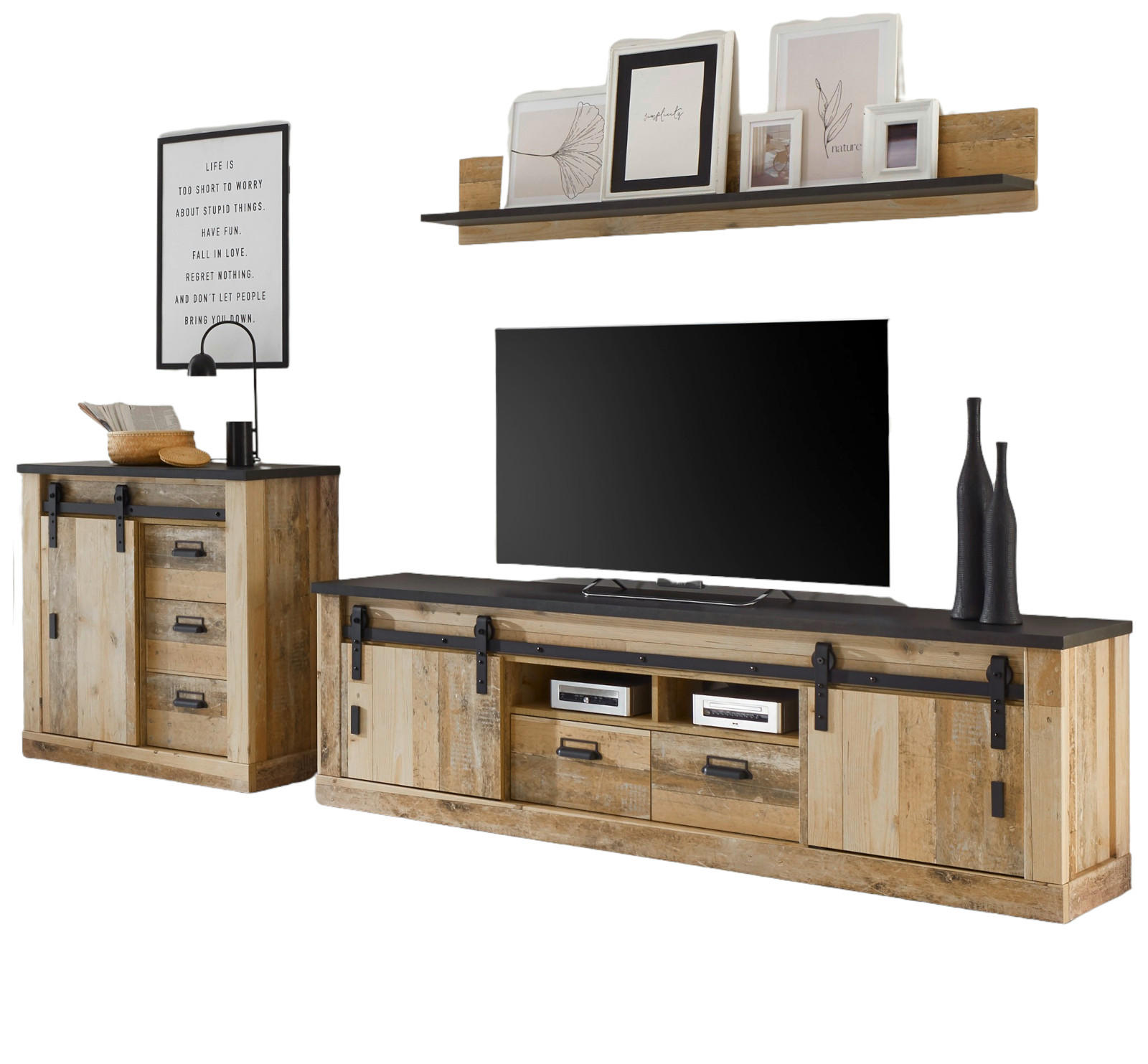 WOHNWAND Used Wood hell, anthrazit 3-teilig 314 cm, Schrankwand mit Soft-Close - Anthrazit/Schwarz, Holzwerkstoff/Metall (314/180/43cm) - Furn.Design