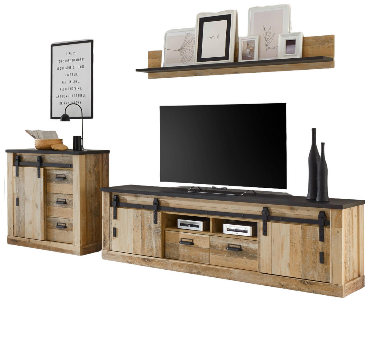 WOHNWAND Used Wood hell, anthrazit 3-teilig 314 cm, Schrankwand mit Soft-Close - Anthrazit/Schwarz, Holzwerkstoff/Metall (314/180/43cm) - Furn.Design