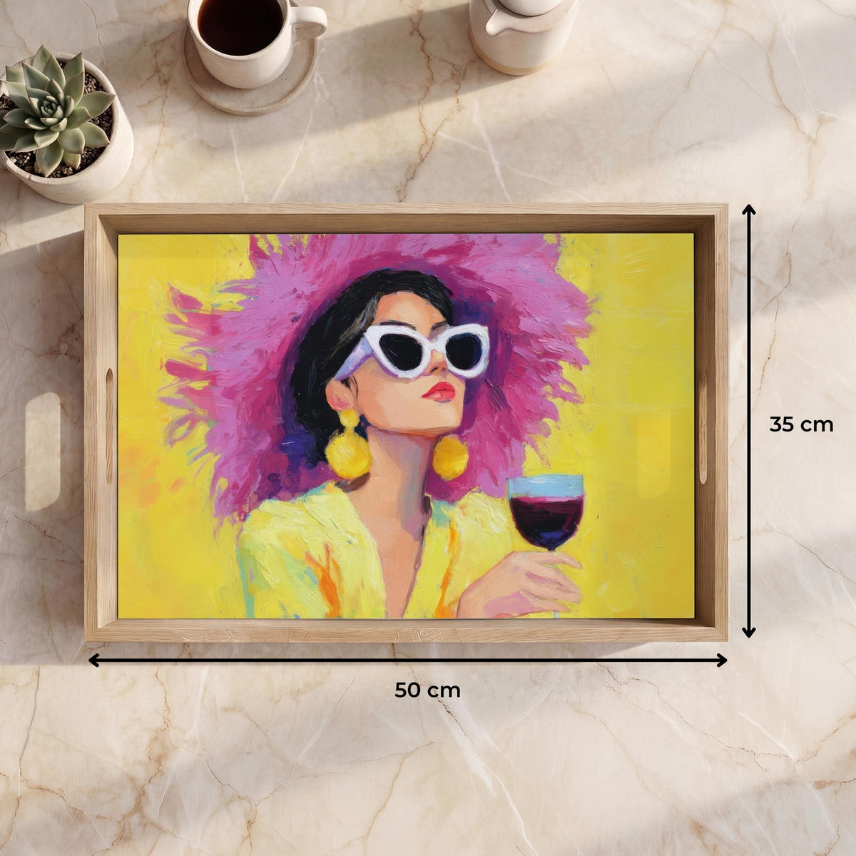 SERVÍROVACÍ PODNOS Žena - Klobouk - Fialová - Víno 50x35 cm - žlutá, dřevo (50/5/5cm) - OnlyWow