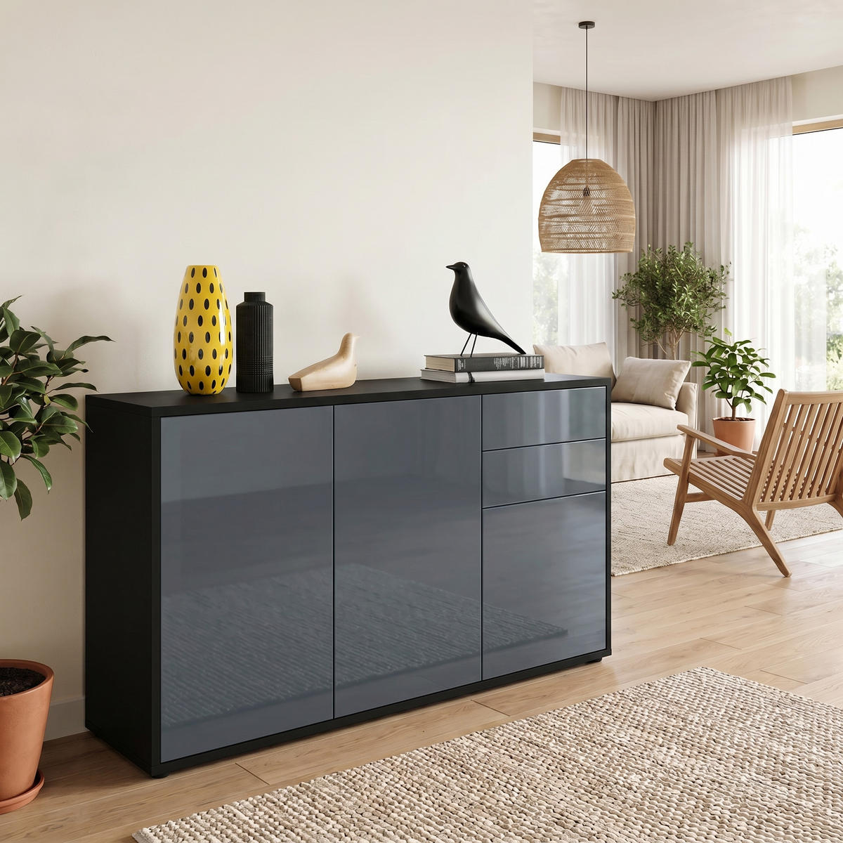 KOMODA Ben V3 Crna mat/Siva visoki sjaj (117 x 74 x 36 cm) - siva, drvni materijal (117/74/36cm) - Vladon