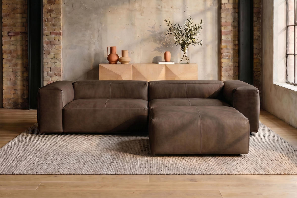 SOFA CELESTE Dunkelbraun Leder - Dunkelbraun/Schwarz, Leder/Kunststoff (302/114cm) - KAWOLA