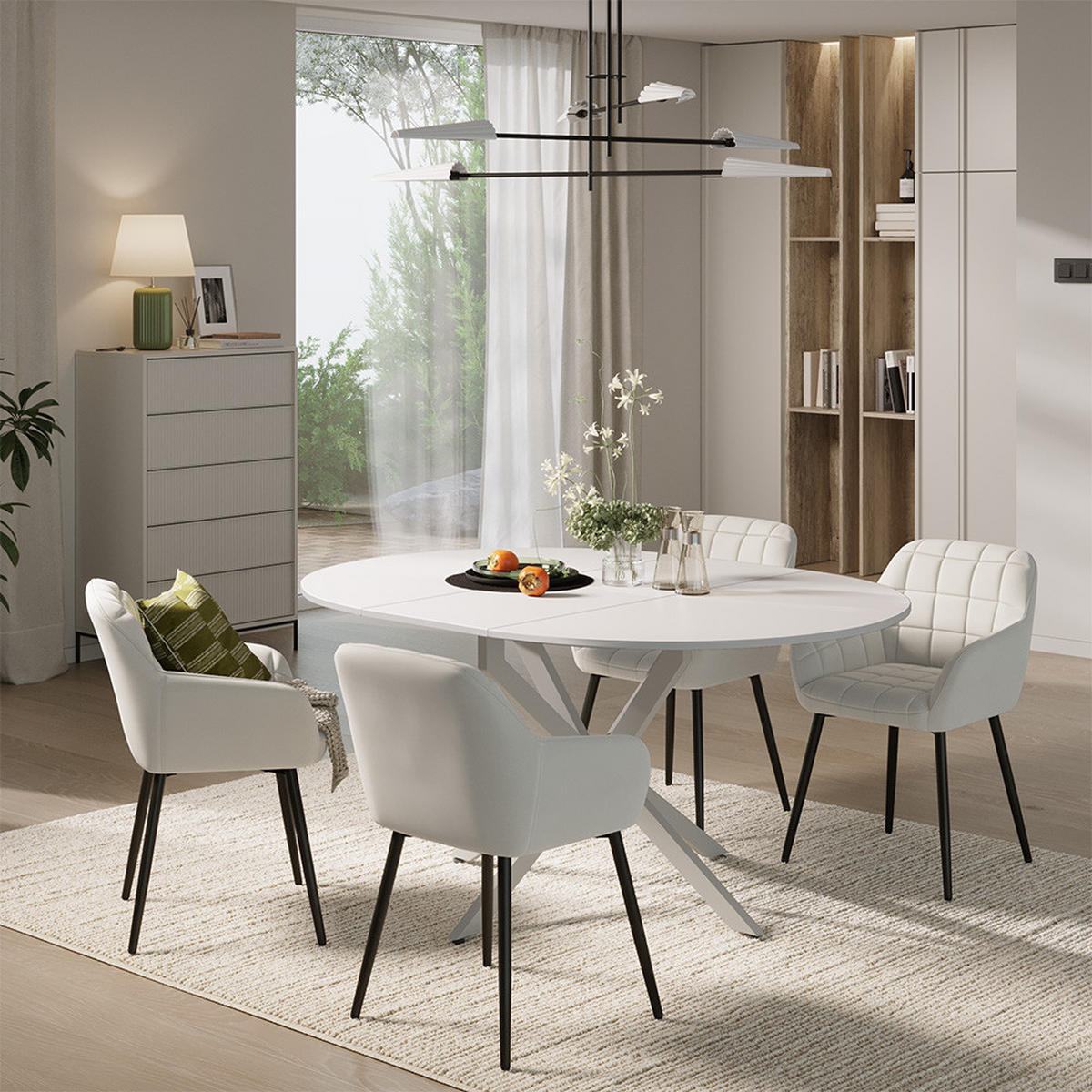ESSTISCH-SET Loyd, Weiß/Grau, 120 x 120 cm mit 4 Esszimmerstühlen (Beige) - Weiß/Grau, Holzwerkstoff (120/76.5/120cm) - Vicco