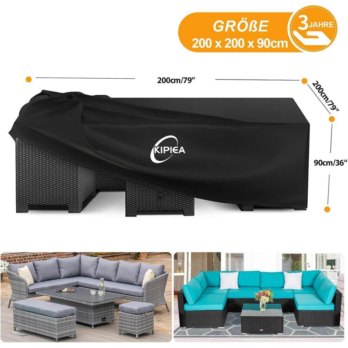 ABDECKUNG Gartenmöbel 200 x 200 x 90 cm Wasserdicht Winddicht - Schwarz, Textil (200/90/200cm)