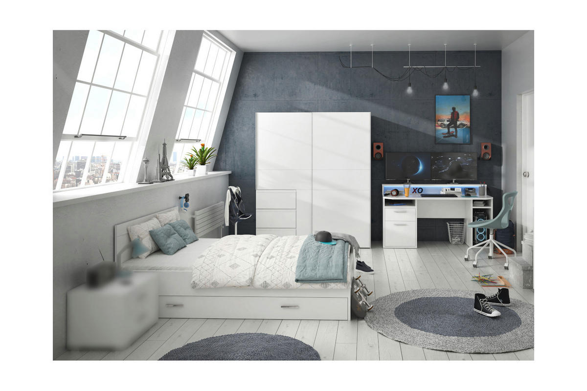 JUGENDZIMMER Tezaur "Snow" in Weiß 4 teilig Gamingzimmer mit RGB LED mit Schwebetürenschrank - Weiß, Holzwerkstoff (120/200/80cm)
