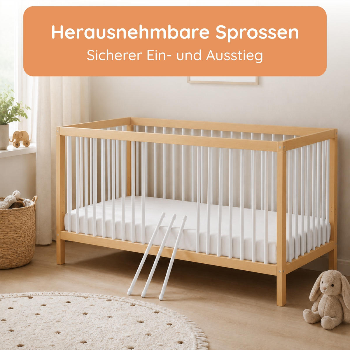 BABYBETT mit halber Seitenschiene 60x120 cm in Natur-Weiß - Naturfarben/Weiß, Holz (60/120cm) - Kids Collective