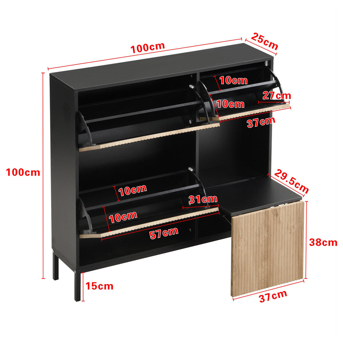 SCHUHSCHRANK 100/25/100 cm schwarz/natur aus MDF mit Sitzbank - Schwarz, Holzwerkstoff (100/100/25cm) - OKWISH