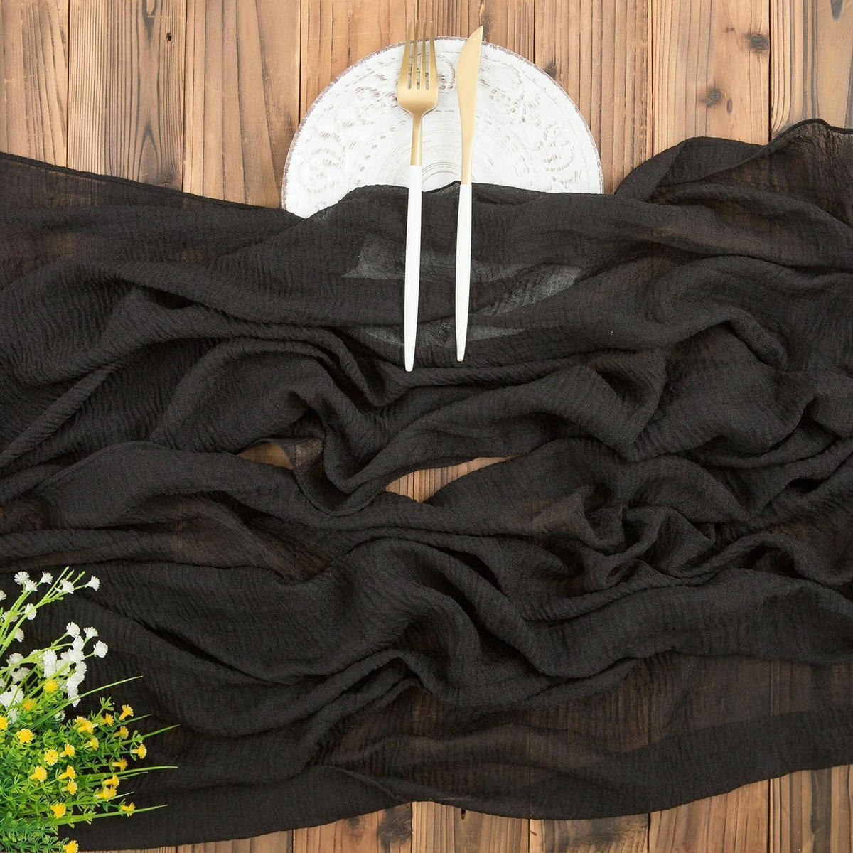 TISCHLÄUFER Musselin Schwarz 400 x 80 cm - Schwarz, Textil (400/80/1.5cm)