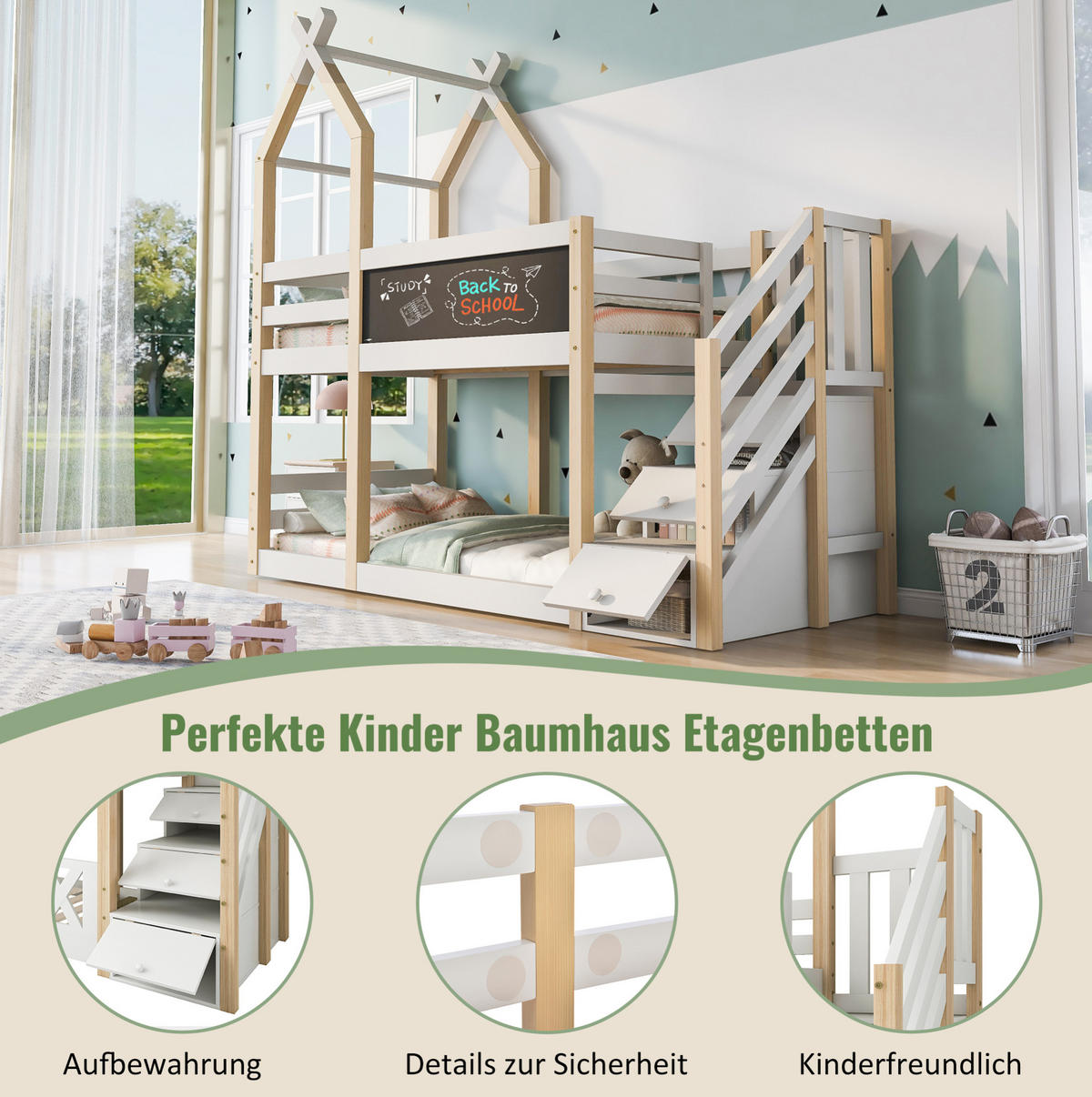 HOCHBETT aus Kiefer-Massivholz und MDF 90x200 cm Weiß mit Stauraumtreppe und Tafel - Weiß, Holzwerkstoff (90/200cm) - IVMEU