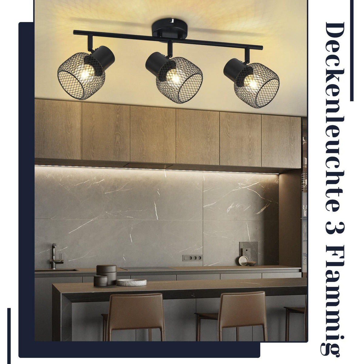 DECKENLEUCHTE Lydia 3-flammig 50/15/21 cm - Schwarz, Metall (50/15/21cm) - Nettlife