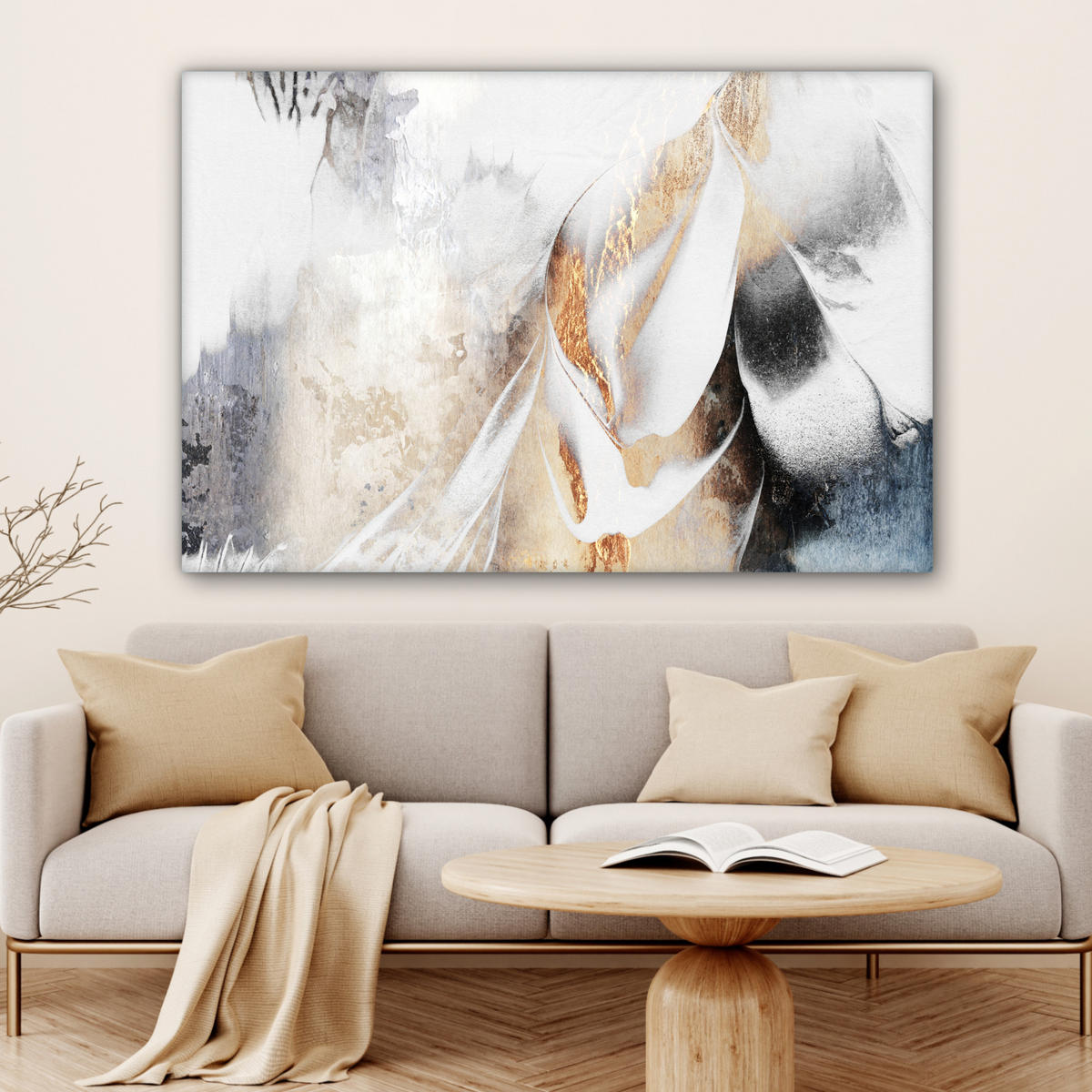 LEINWANDBILD Luxus - Abstrakt - Gold - Weiß Groß 140x90 cm - Goldfarben, Textil (140/90cm) - MuchoWow