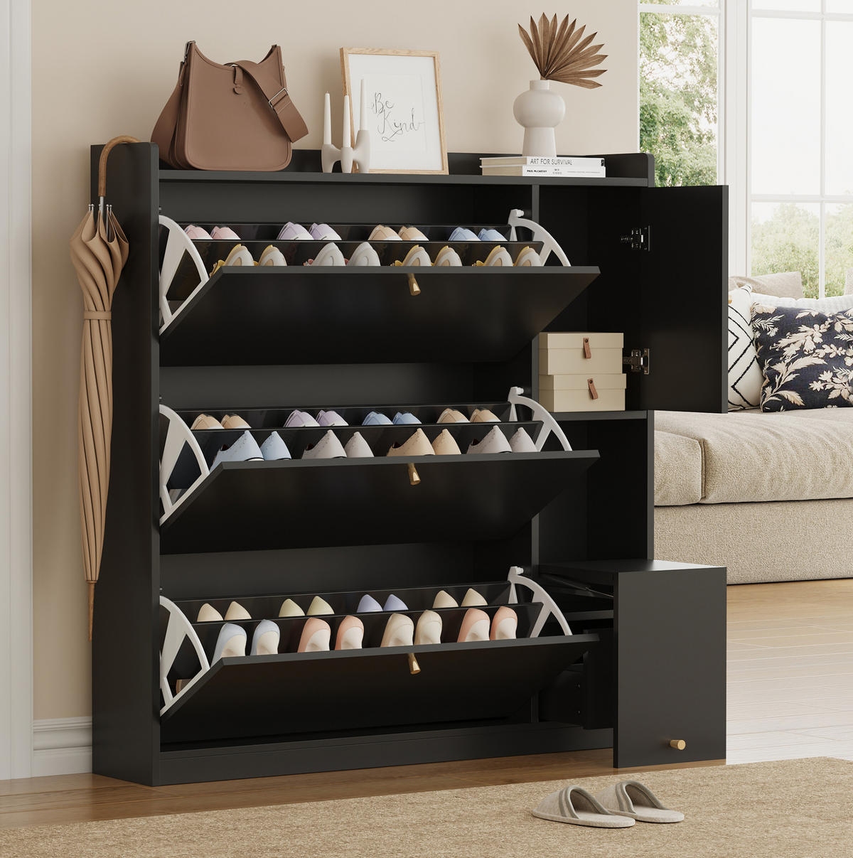 SCHUHSCHRANK aus Spanplatte 119x24x122cm in Schwarz mit Sitzbank - Schwarz, Holzwerkstoff (119/122/24cm) - Modfu