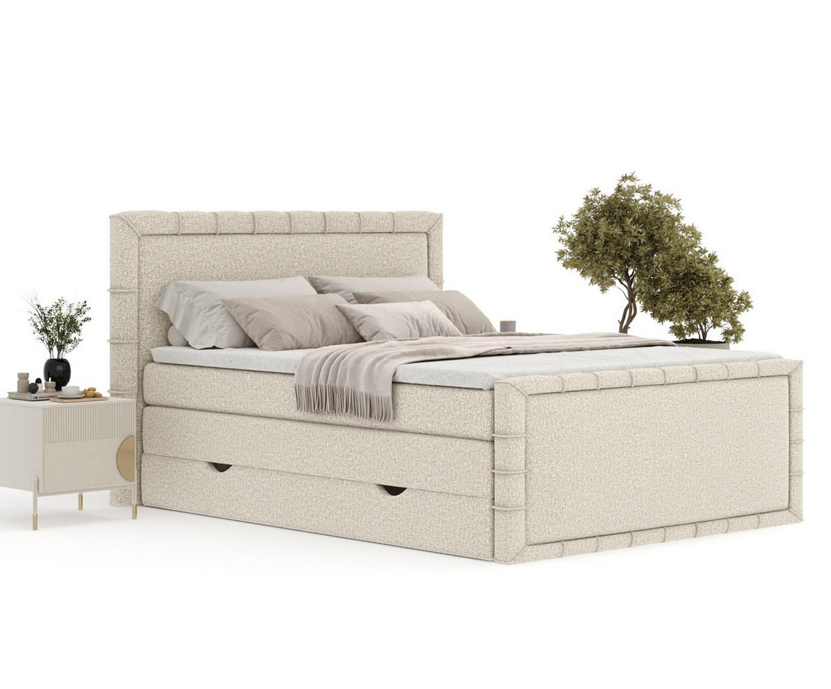 BOXBETT Estelle Beige 180/200 cm im Boucle-Stoff - Beige/Schwarz, Holz/Holzwerkstoff (180/200cm) - Maison de Reve