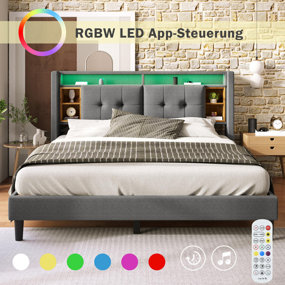 POLSTERBETT Doppelbett Stauraum-Kopfteil Bett mit aufladen USB und LED-Beleuchtung Bettgestell Lattenrost aus Holz, 140 x 200 cm Grau, ohne Matratze - Grau, Holz/Textil (140/200cm) - SONNENH