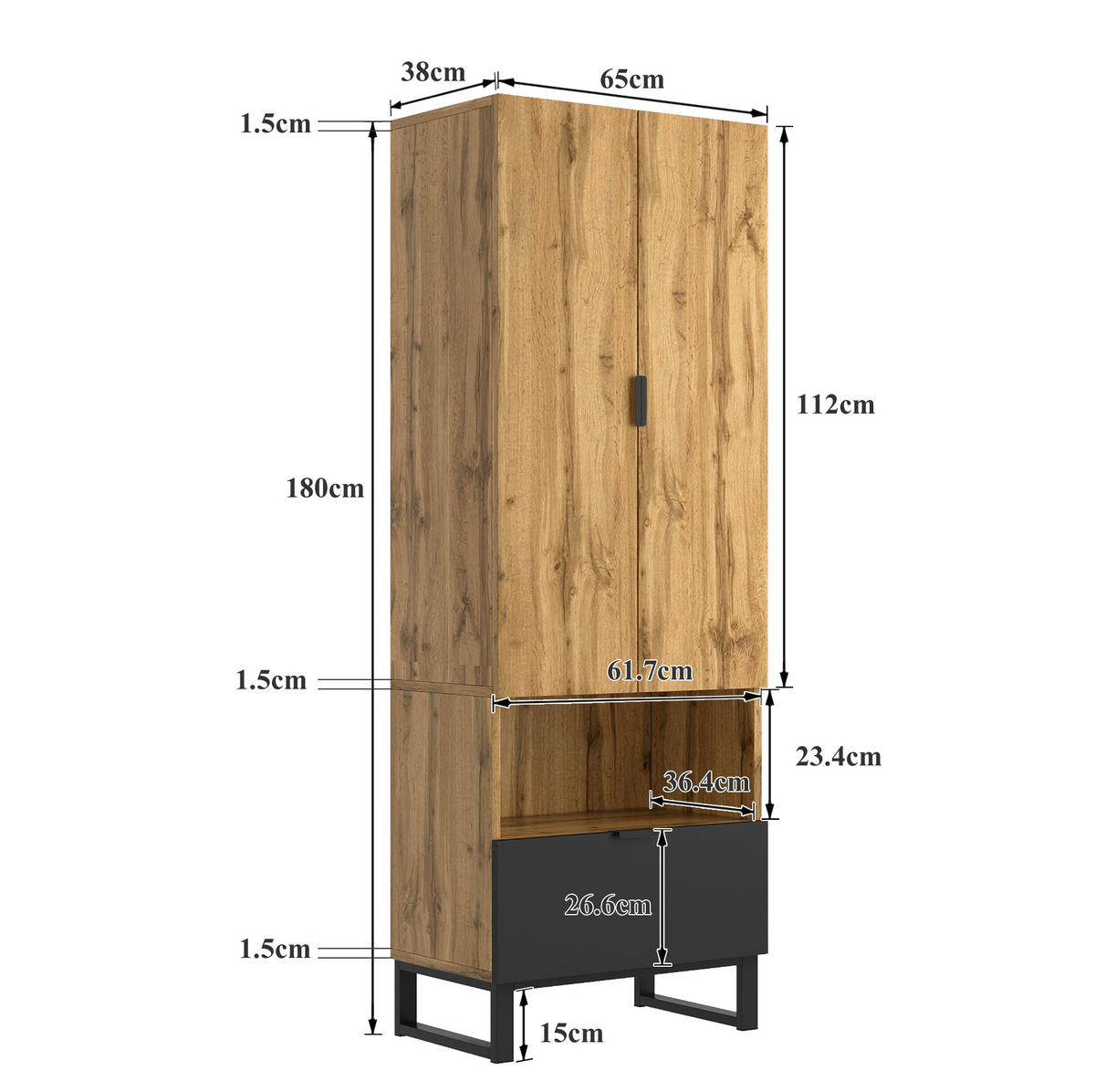 DIELENGARDEROBE mit Kleiderstange und Schublade 65/38/180 cm in Eichefarben/Schwarz - Naturfarben, Holzwerkstoff (38/65/180cm) - BEAOK