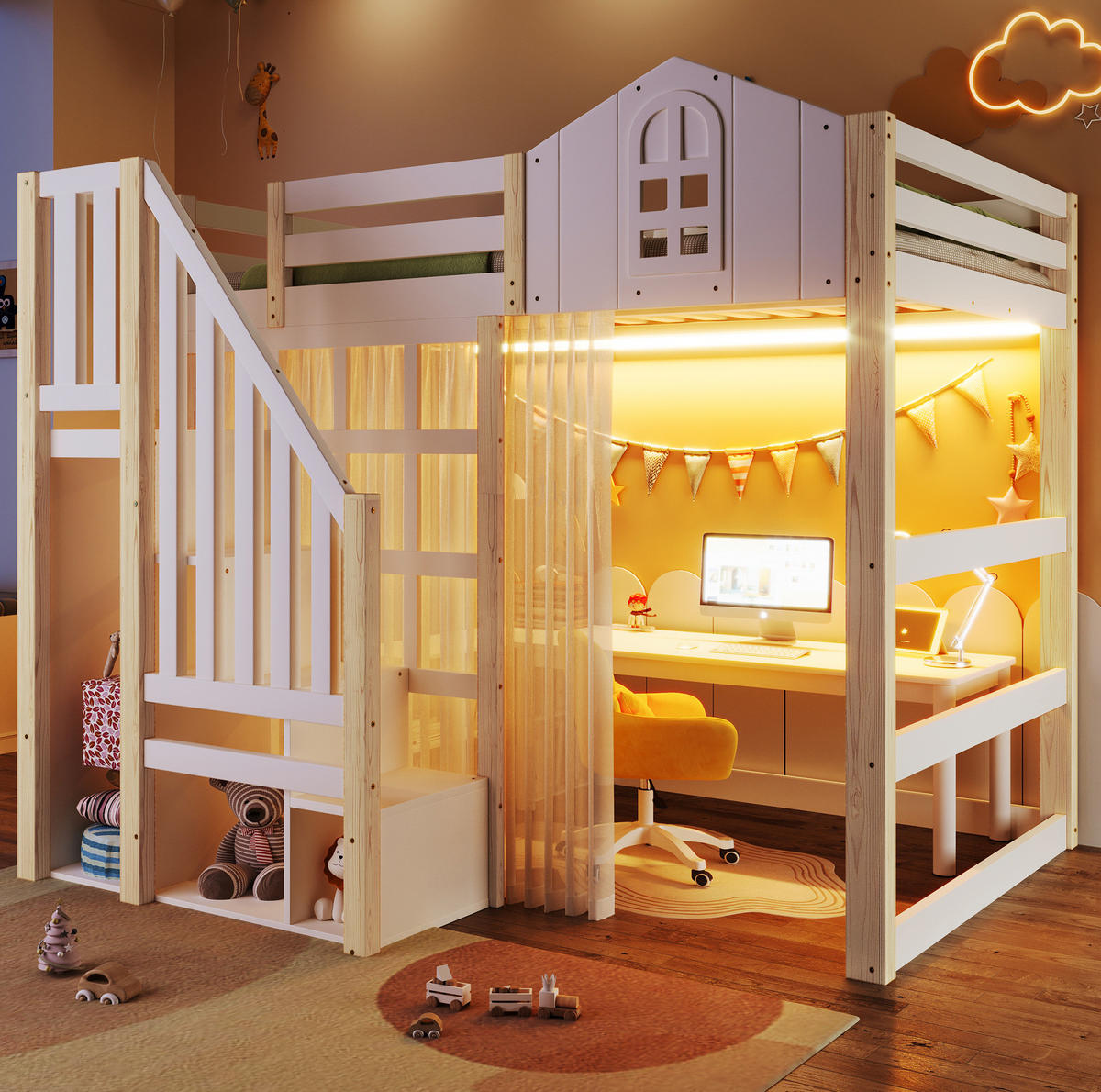 HOCHBETT 140/200 cm mit LED-Beleuchtung, Ablageleiter und Schlossdesign aus Kiefernholz, Weiß/Natur - Weiß, Holzwerkstoff (140/200cm) - Redom