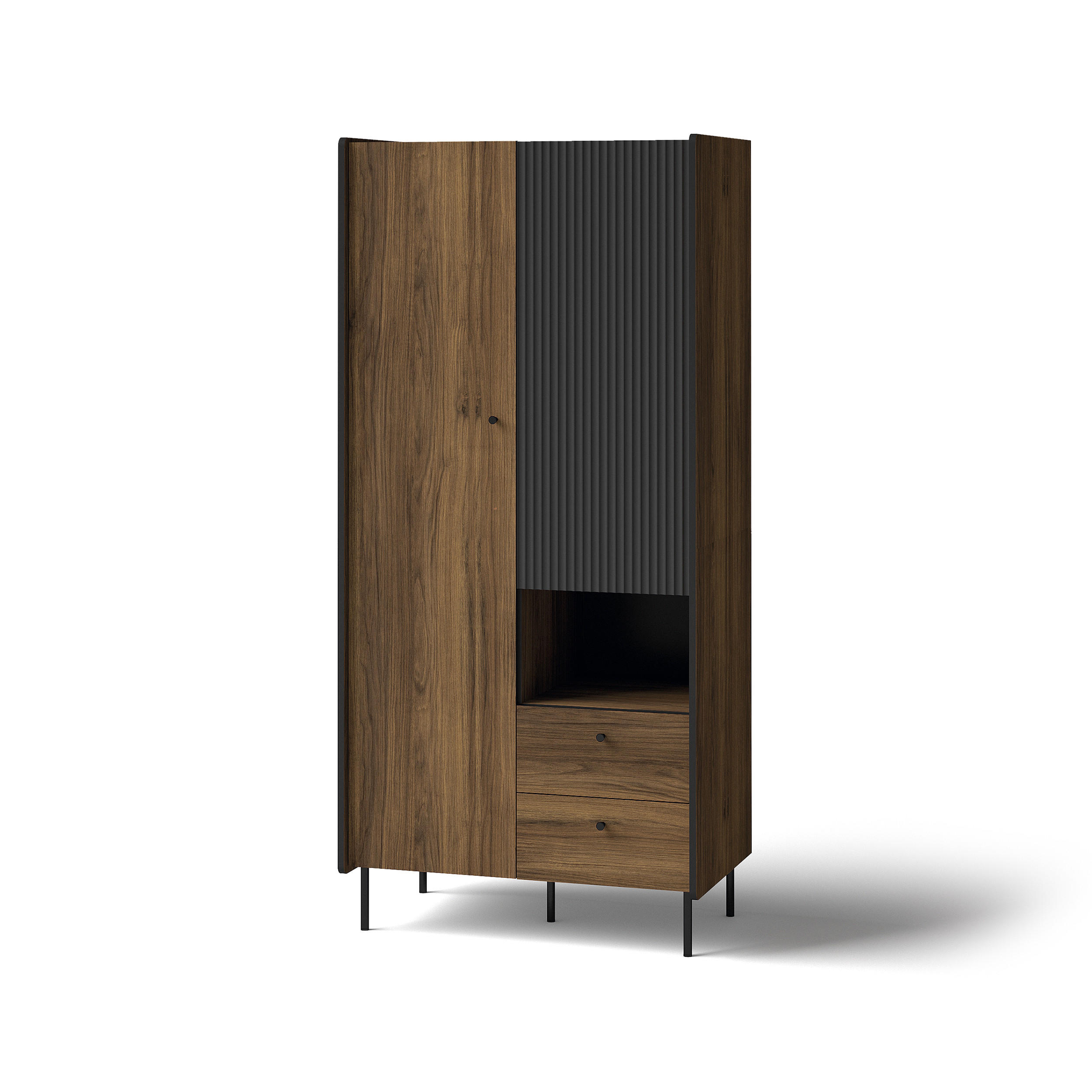 DREHTÜRENSCHRANK Piano mit 2 Türen und 2 Schubladen, Mattschwarz + Warmia-Nussbaum - Dunkelbraun/Schwarz, Holzwerkstoff (88/191/55cm) - Beautysofa