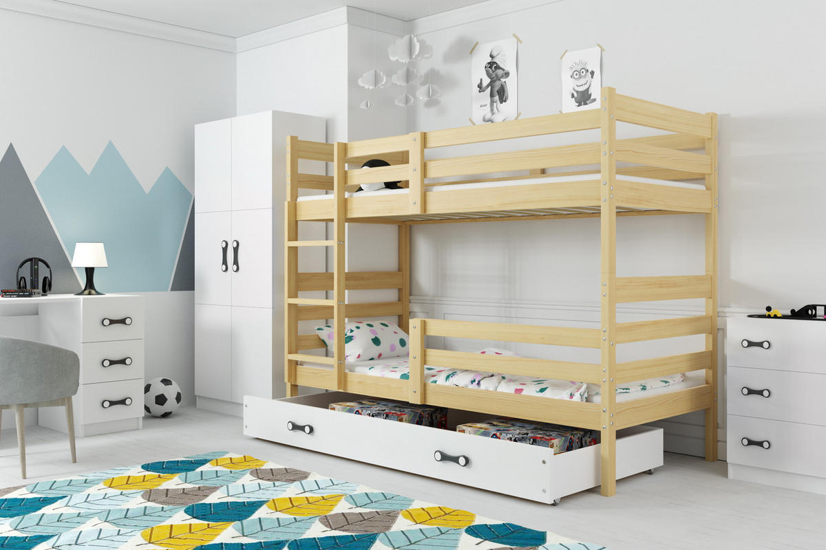 ERYK Etagenbett 200/90Kiefer Schublade Weiß ohne Matratze - Kieferfarben, Holz - Interbeds