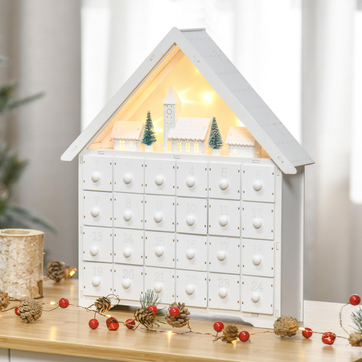 ADVENTSKALENDER zum Befüllen, mit LED-Lichtern, 2-in-1-Design - Weiß, Holz (9/42/39cm) - HOMCOM
