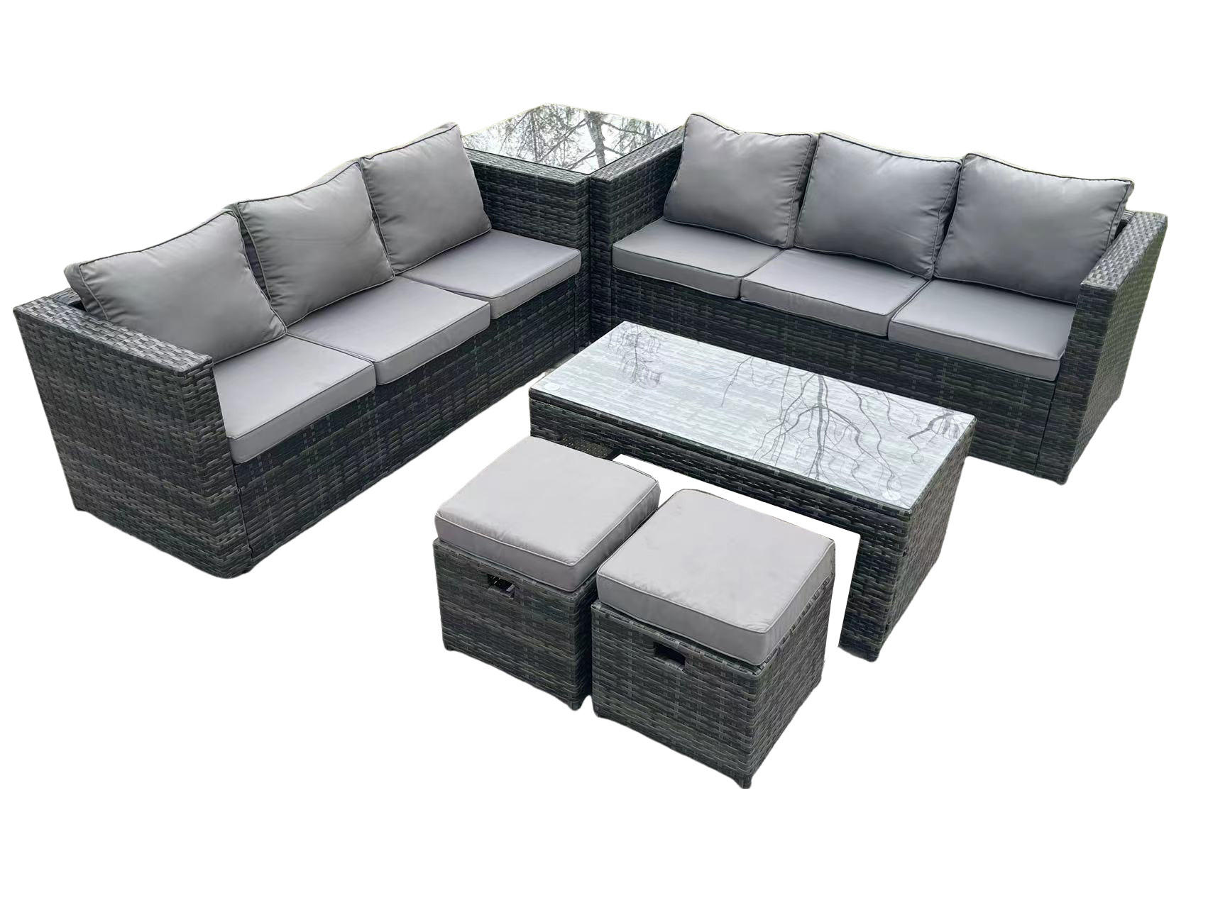 GARTENSET Polyrattan 8-Sitzer - Dunkelgrau/Grau, Glas/Kunststoff - Fimous