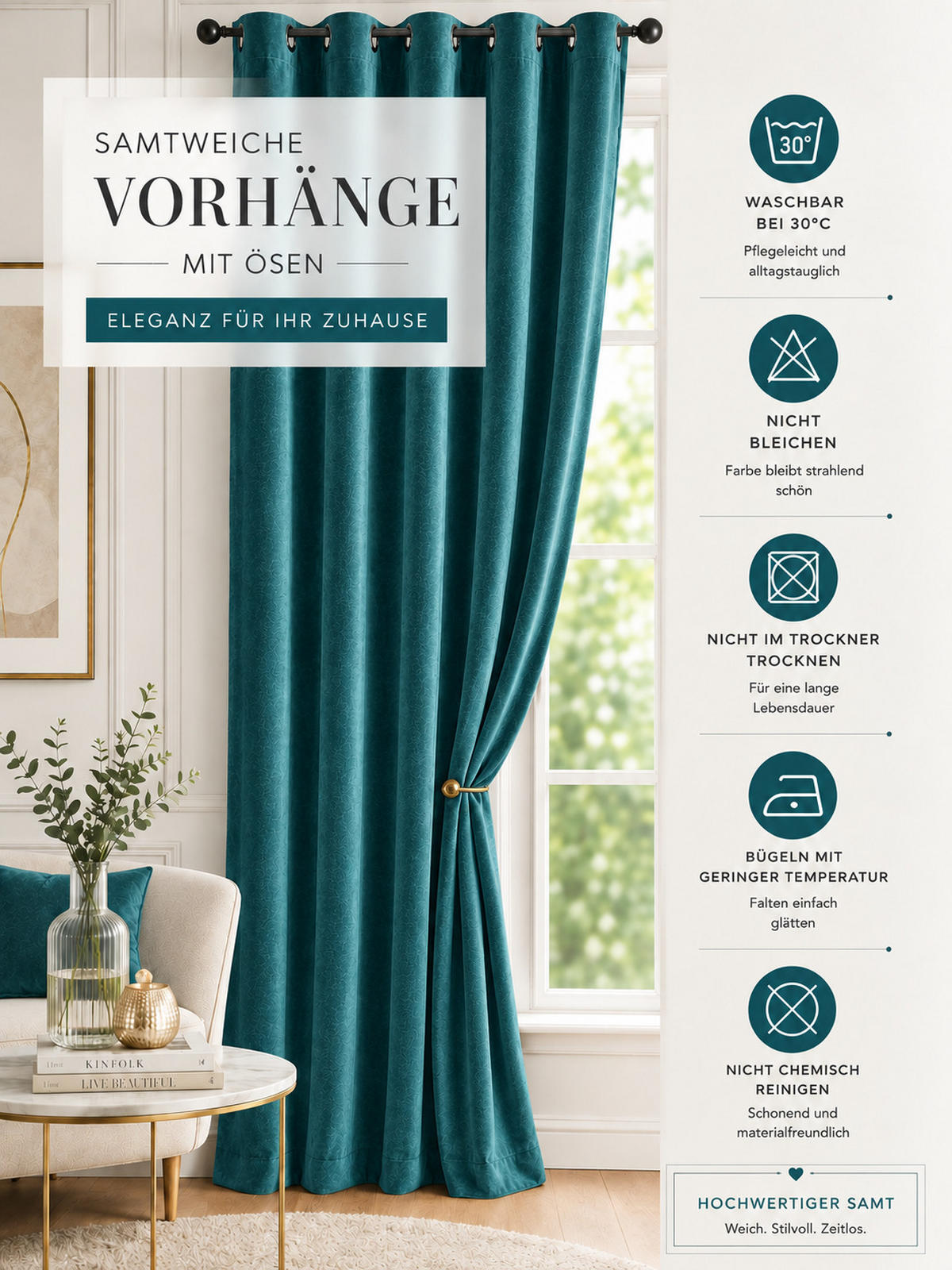 VORHANG Ösen Samt 300/245 cm Petrol - Petrol, Textil (300/245/245cm) - TiborTex