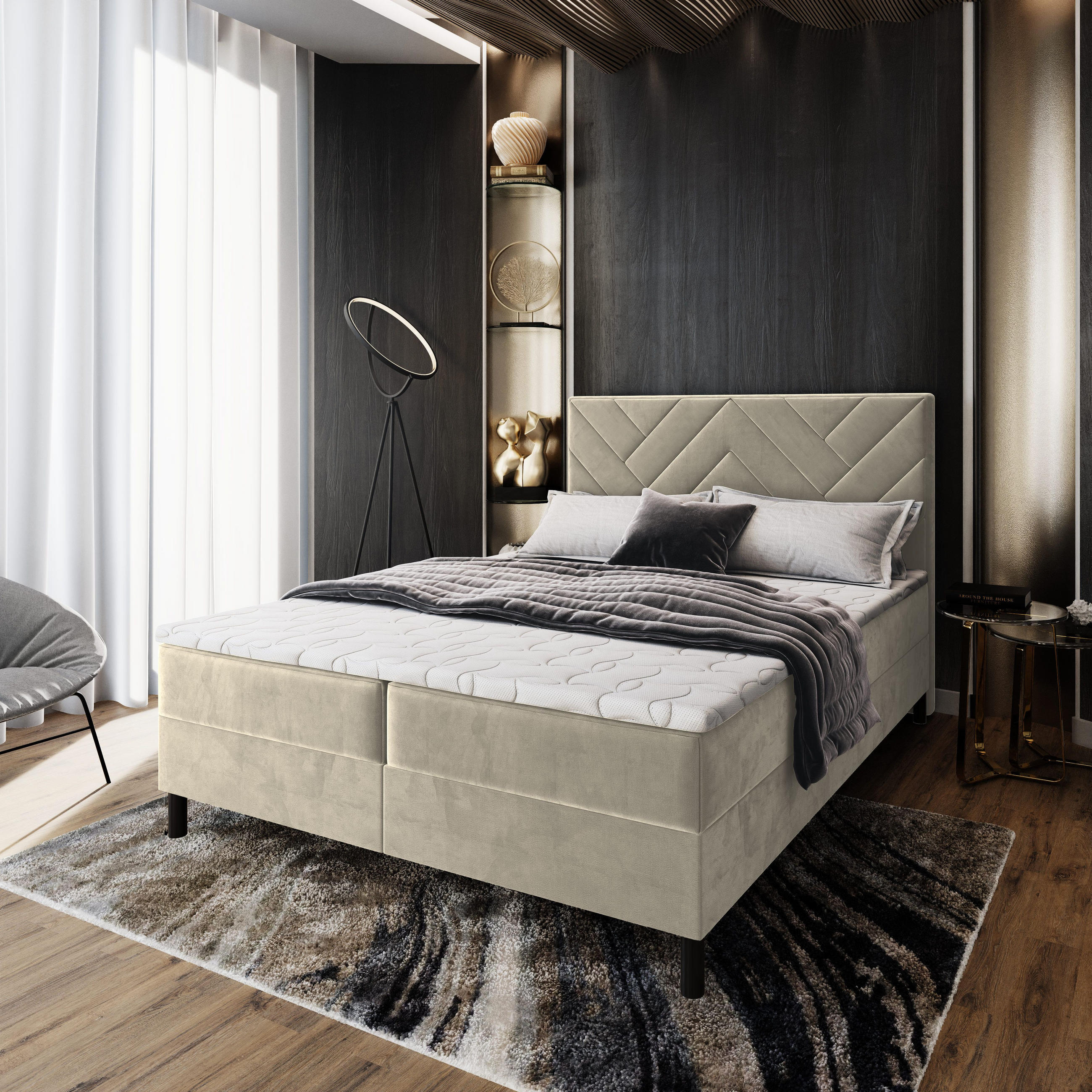 BOXBETT ROKIS 180x200 cm mit Matratze und Topper - Creme - Creme, Holz (180/200cm) - MASSENO