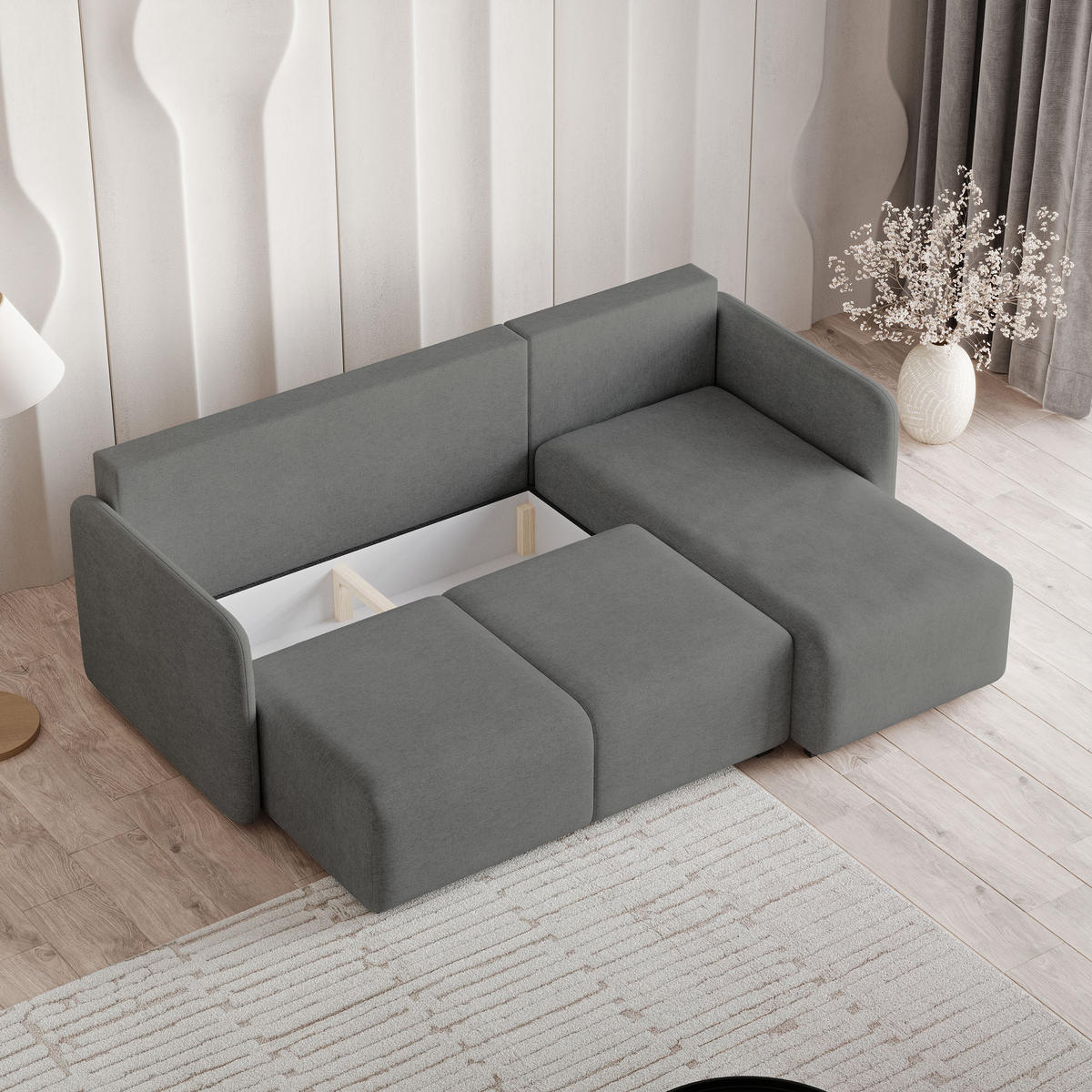 ECKSOFA SUVINO Grau Geflochtener Stoff mit Schlaffunktion - Grau, Holz (230/143cm) - MASSENO