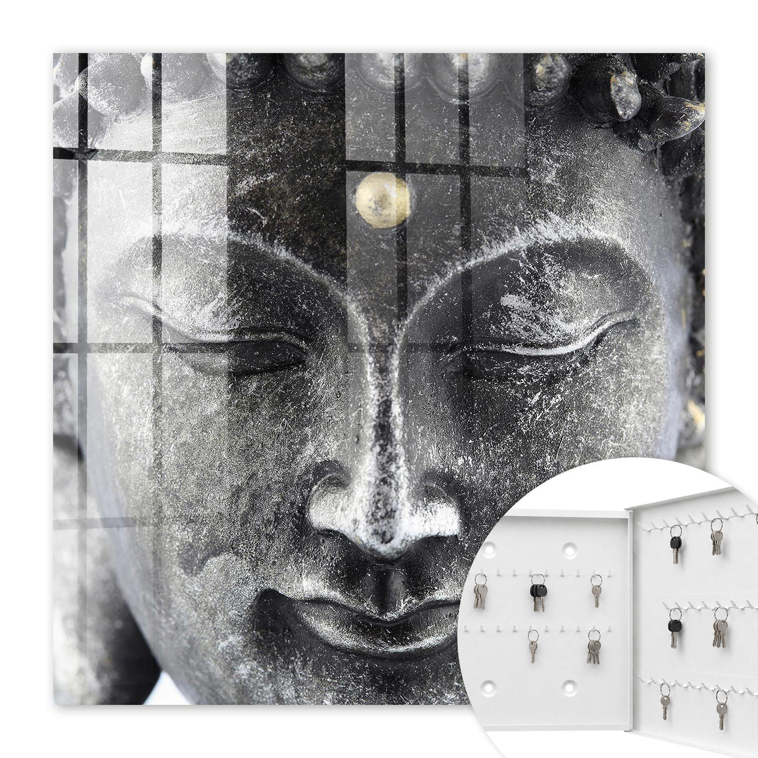 SCHLÜSSELBOX Weiß 30x30 cm – Türöffnung nach rechts - Zen-Porträt - Grau, Metall (30/30/5cm) - TULUP