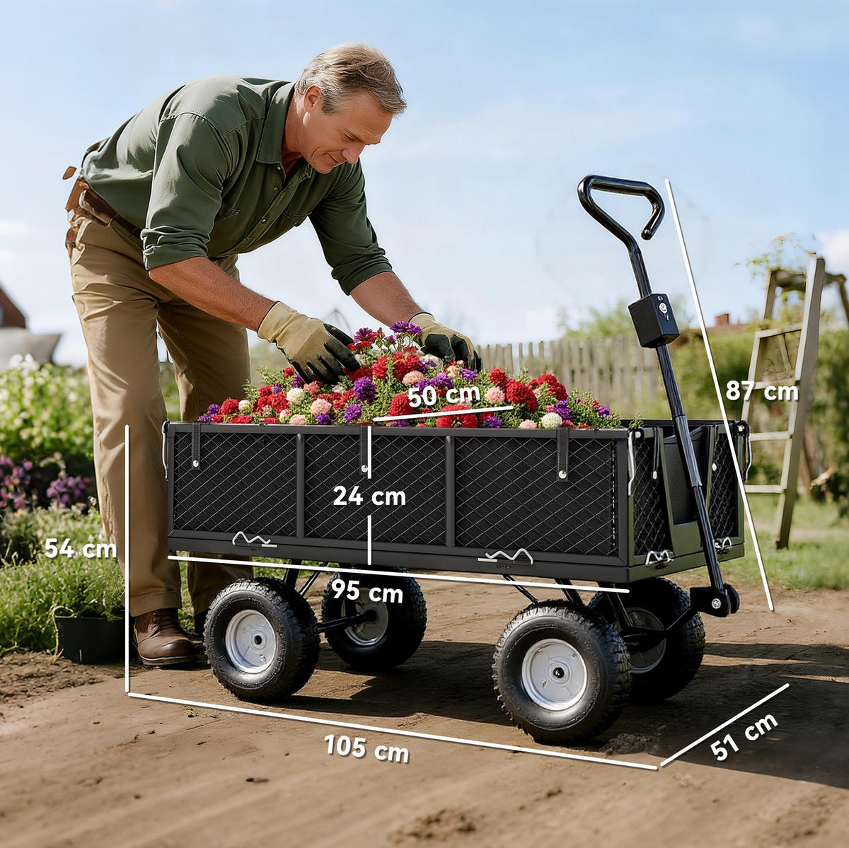 TRANSPORTWAGEN DE-17588 300 kg mit Plane und Klappwänden Schwarz - Schwarz, Metall (51/54/105cm) - ComfortXL
