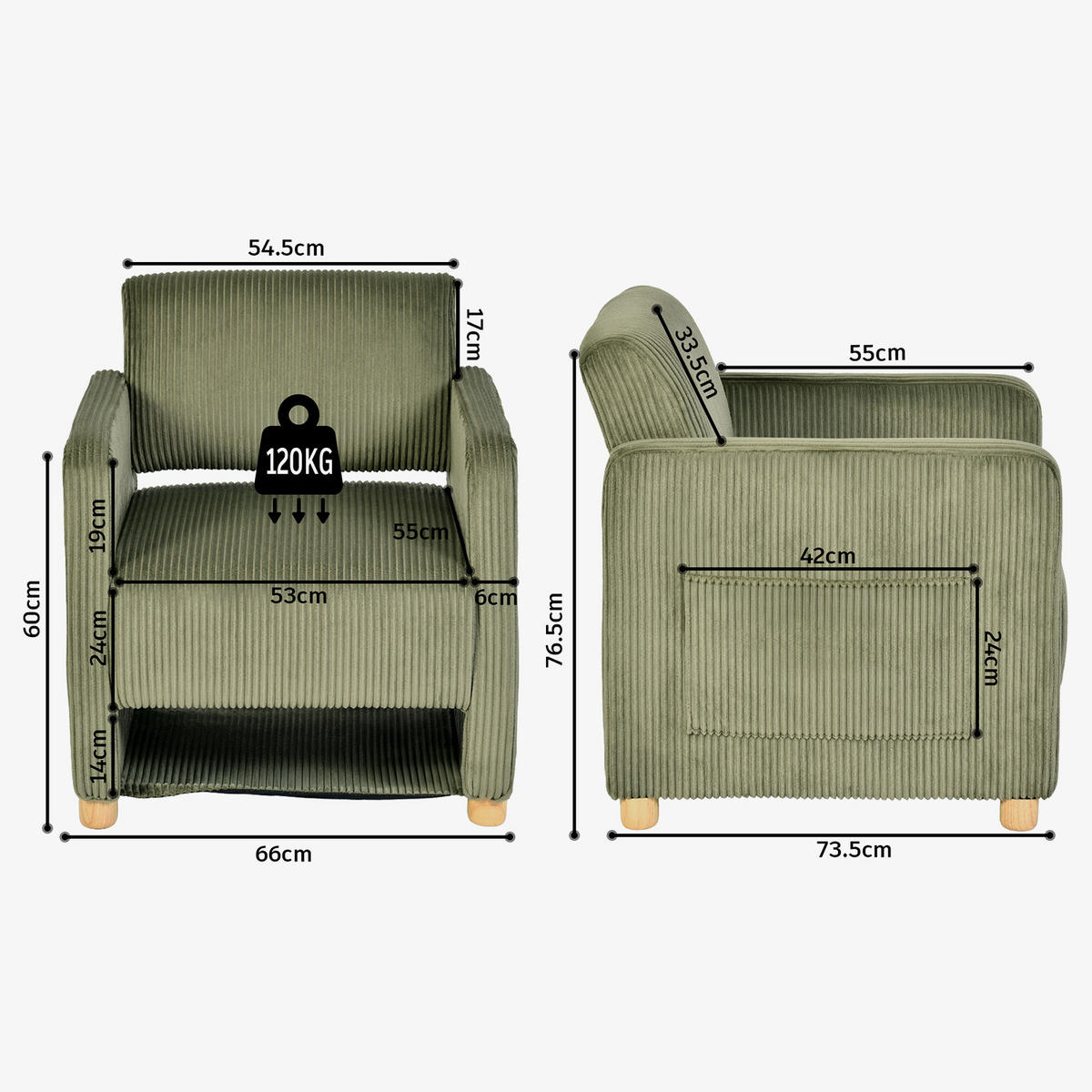 SESSEL, 2er-Set, mit Armlehnen, Cordbezug und Massivholzfüßen, Grün - Grün, Holz (66/76.5/73.5cm) - Meubles Cosy