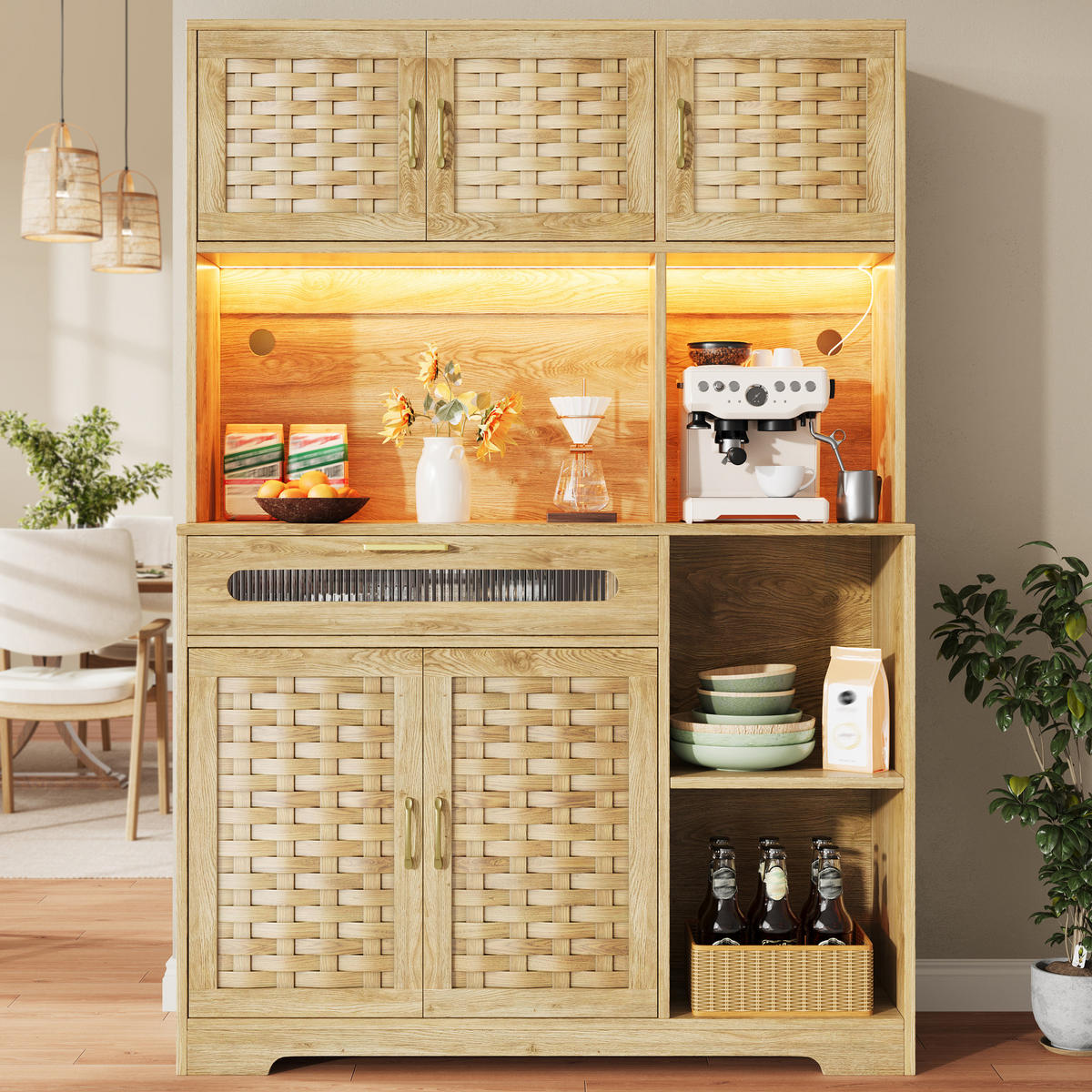 KÜCHENSCHRANK 120x40x180 cm, LED-Beleuchtung, 3 verstellbare Einlegeböden, Glastüren, Natur - Naturfarben, Holzwerkstoff (120/180/40cm) - FOHERE