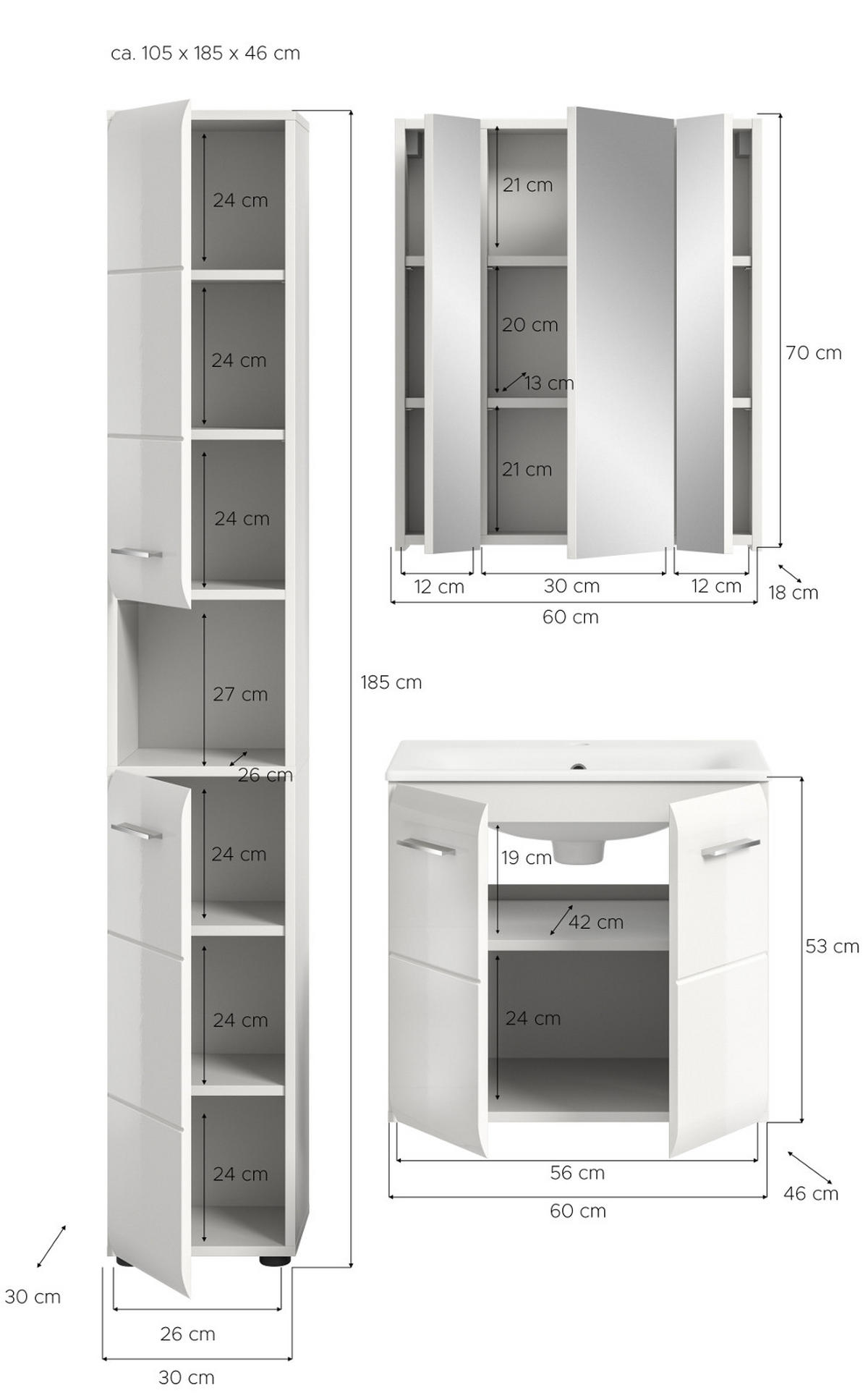 BADMÖBEL Set 3-teilig in weiß Hochglanz inkl. Waschbecken 105 x 185 cm Cover - Weiß Hochglanz/Silberfarben, Holzwerkstoff/Kunststoff (105/185/46cm) - Inn.Furn