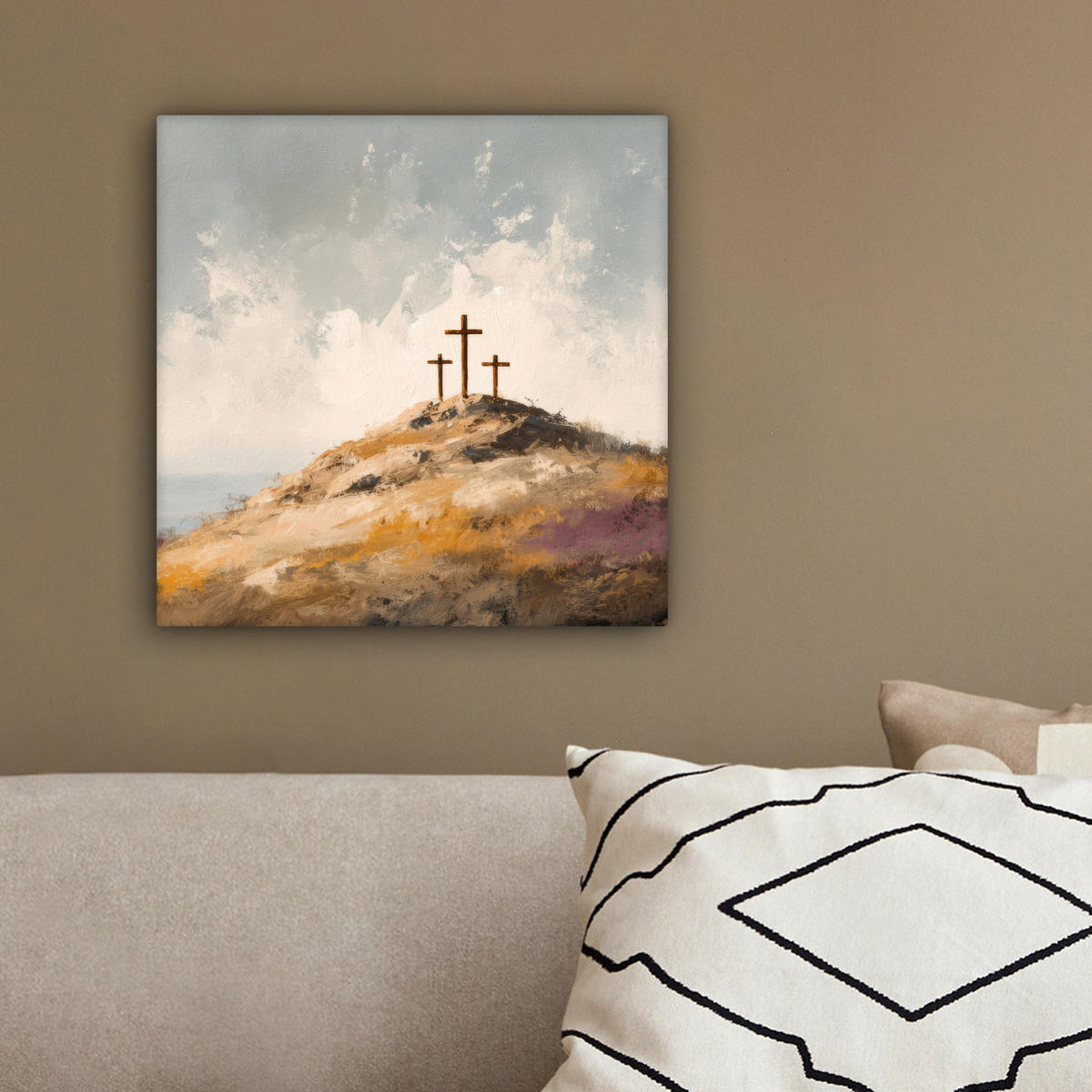 LEINWANDBILD Hügel - Abstrakt - Christentum - Kreuz Deko Wohnzimmer 20x20 cm - Hellgrau, Textil (20/20cm) - MuchoWow