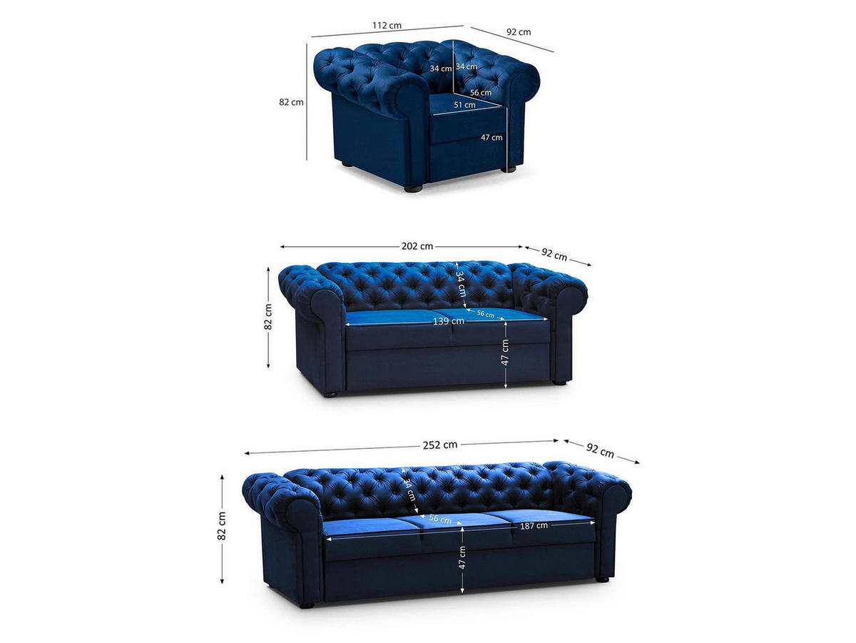 SITZGARNITUR Chester 3+2+1 im Chesterfield-Stil, Dunkelblau - Dunkelblau, Textil (252/82/92cm) - Beautysofa