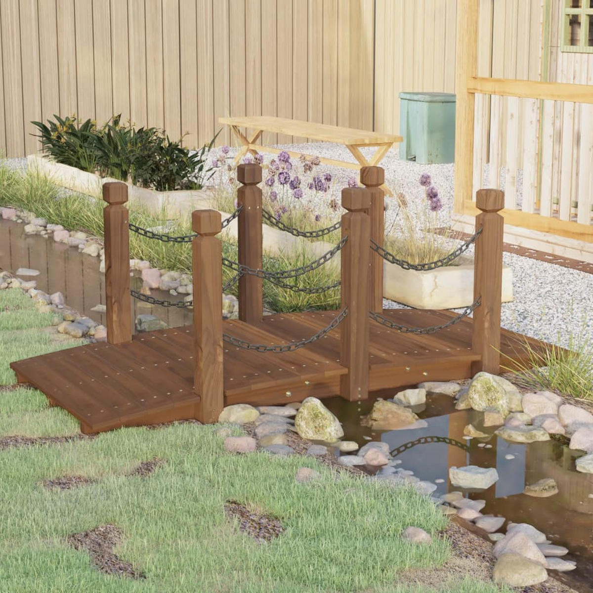 HOLZBRÜCKE mit Kettengeländer ROBBI Braun | 150x67x56cm | Gartenbrücke mit Geländer - Braun, Holz (67/150/56cm) - DELUKE
