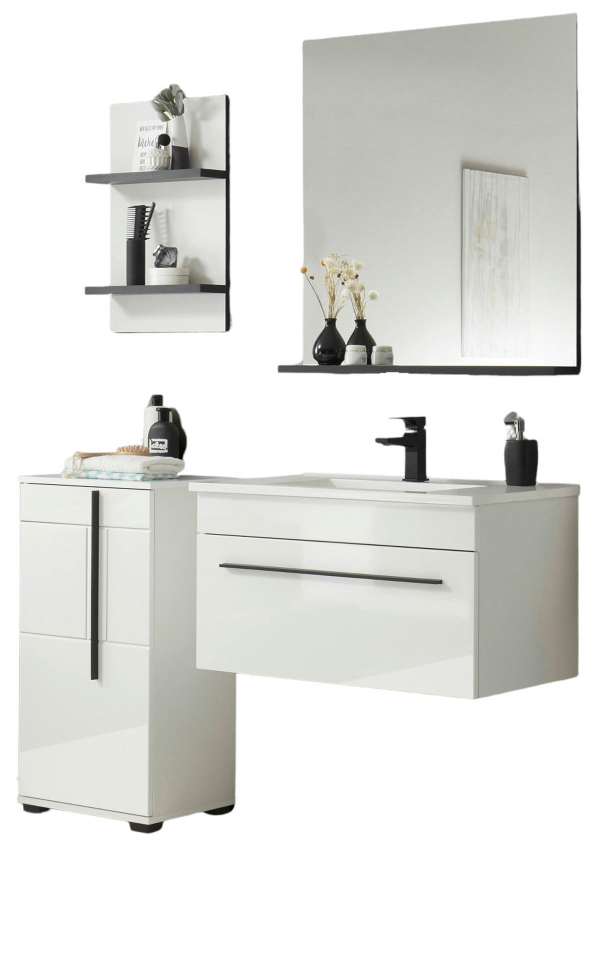 BADMÖBEL-SET weiß Hochglanz schwarz, Badkombination MIT Waschbecken, 135 x 200 cm - Weiß Hochglanz/Schwarz, Holzwerkstoff/Kunststoff (135/200/45cm) - Furn.Design