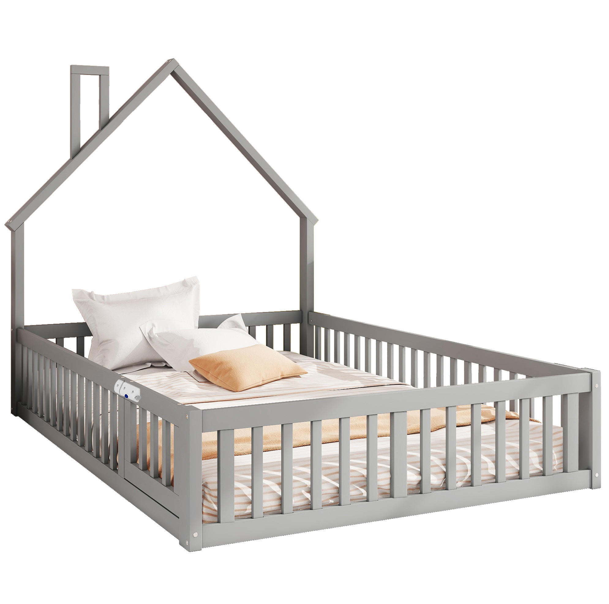 KINDERBETT 140/190 cm mit Lattenrost, Sicherheitsgitter und Schornsteinform aus Kiefernholz/MDF, Grau - Grau, Holzwerkstoff (140/190cm) - Redom