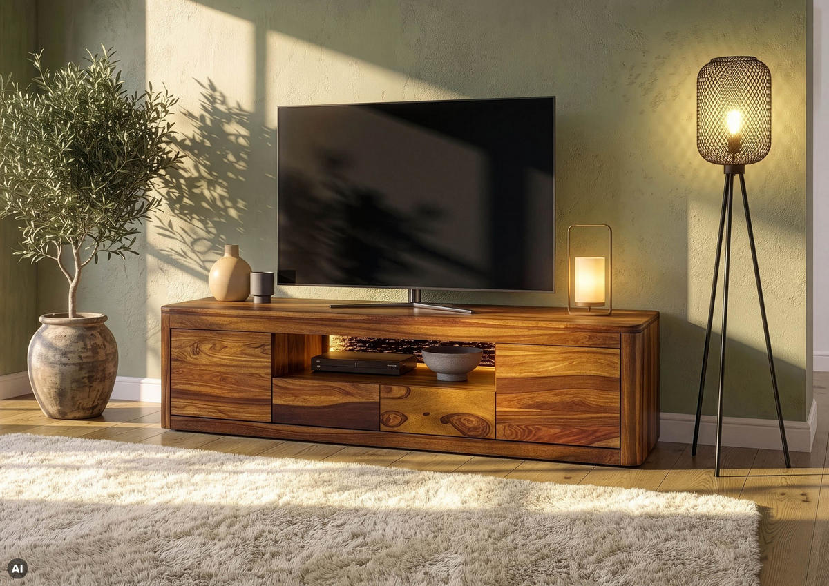 TV-BOARD Sheesham 200x45x50 walnuss gewachst TORONTO LUX #251 - Dunkelbraun, Holz (200/50/45cm) - Massivmoebel24
