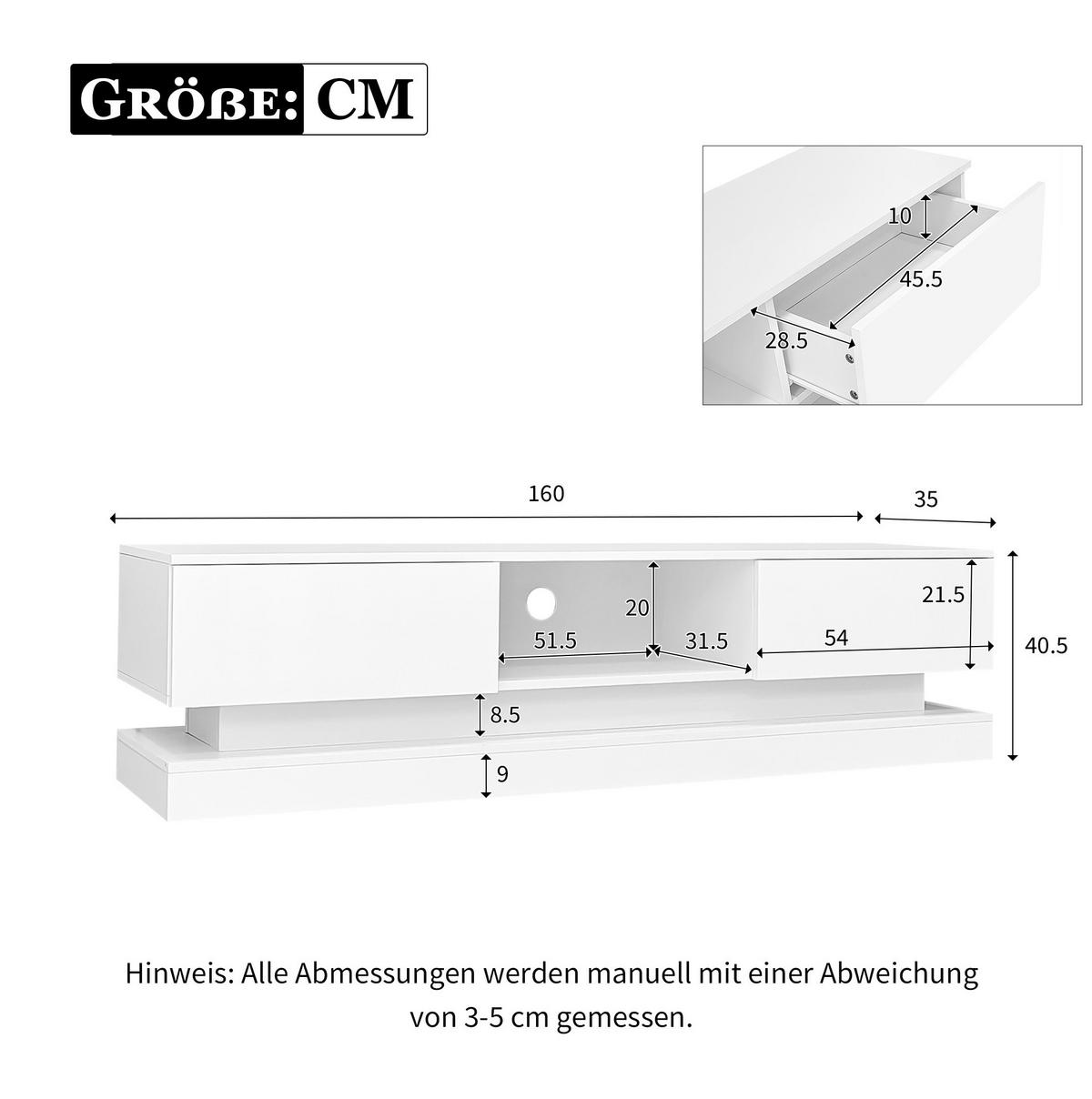 LOWBOARD 160/35/40,5 cm aus Spanplatte mit LED-Beleuchtung und 2 Schubladen Weiß - Weiß, Holzwerkstoff (160/40.5/35cm) - Modenvie