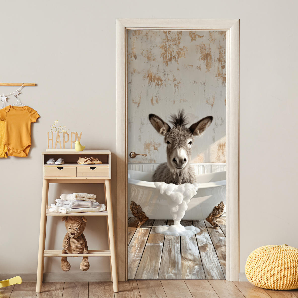 TÜRAUFKLEBER Selbstklebend - Esel - Tier - Vintage - Badewanne 95x215 cm - Türtapete - Eukalyptusholzfarben, Kunststoff (95/0.1cm) - MuchoWow