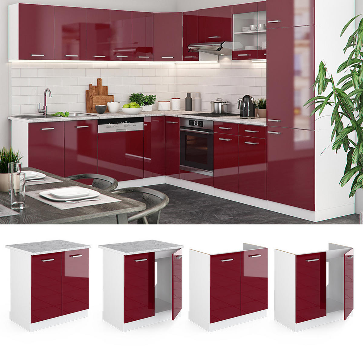 SPÜLENUNTERSCHRANK R-Line Rot Hochglanz 80 cm , AP Marmor - Rot/Weiß, Holzwerkstoff (80/81.6/60cm) - Vicco