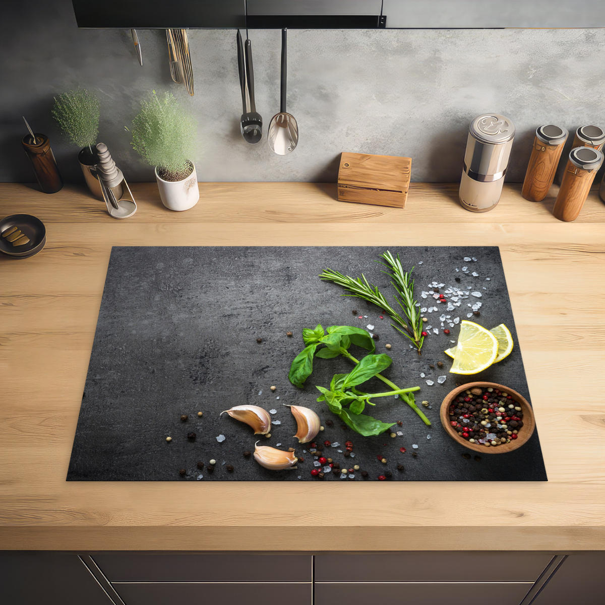 HERDABDECKPLATTE Limette - Kräuter - Gewürze - Grün - Grau - Beton 75x52 cm - Grün, Kunststoff (75/0.2/52cm) - MuchoWow