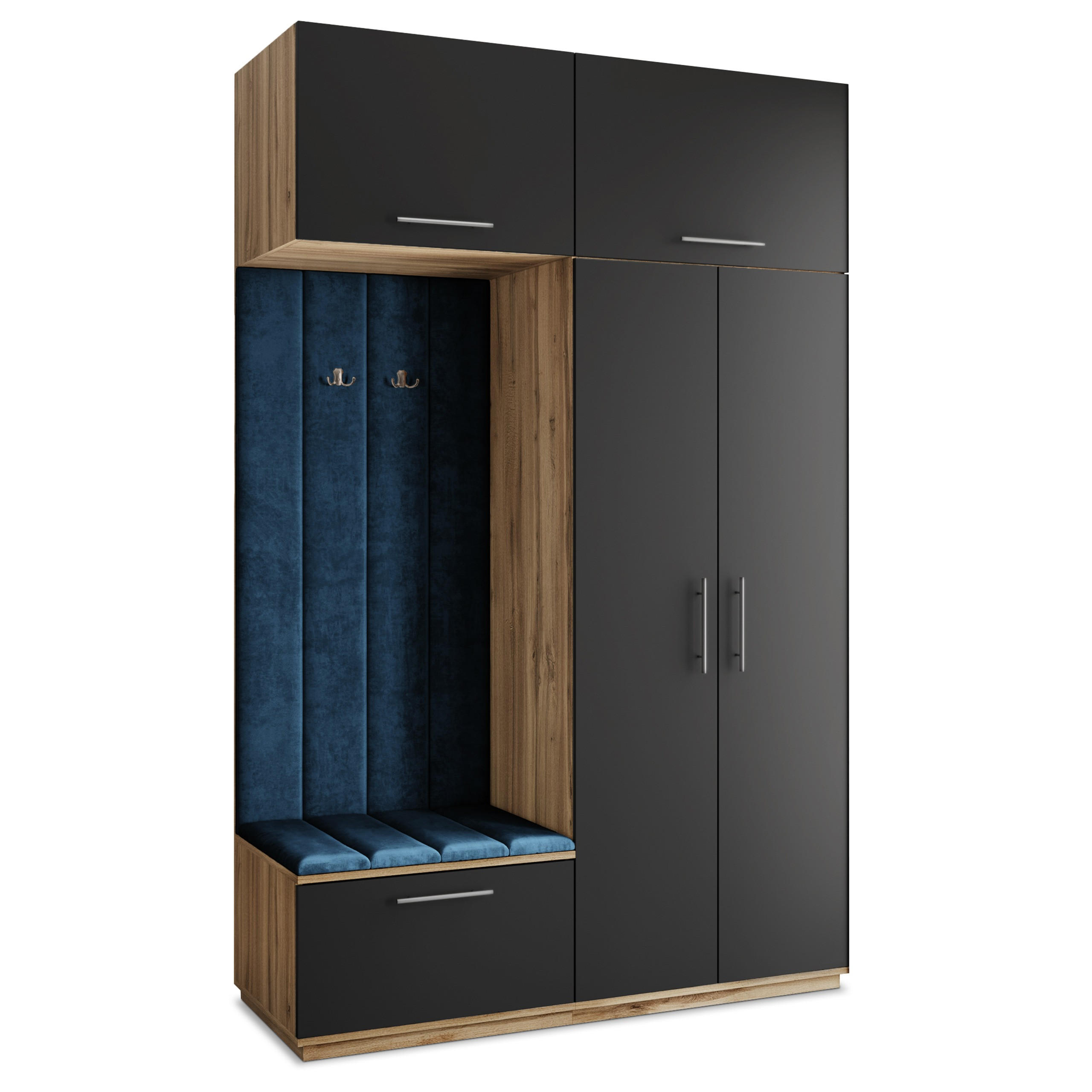 Masseno Garderobenschrank Eiche Wotan, Schwarz, Blau 150x240x60 cm