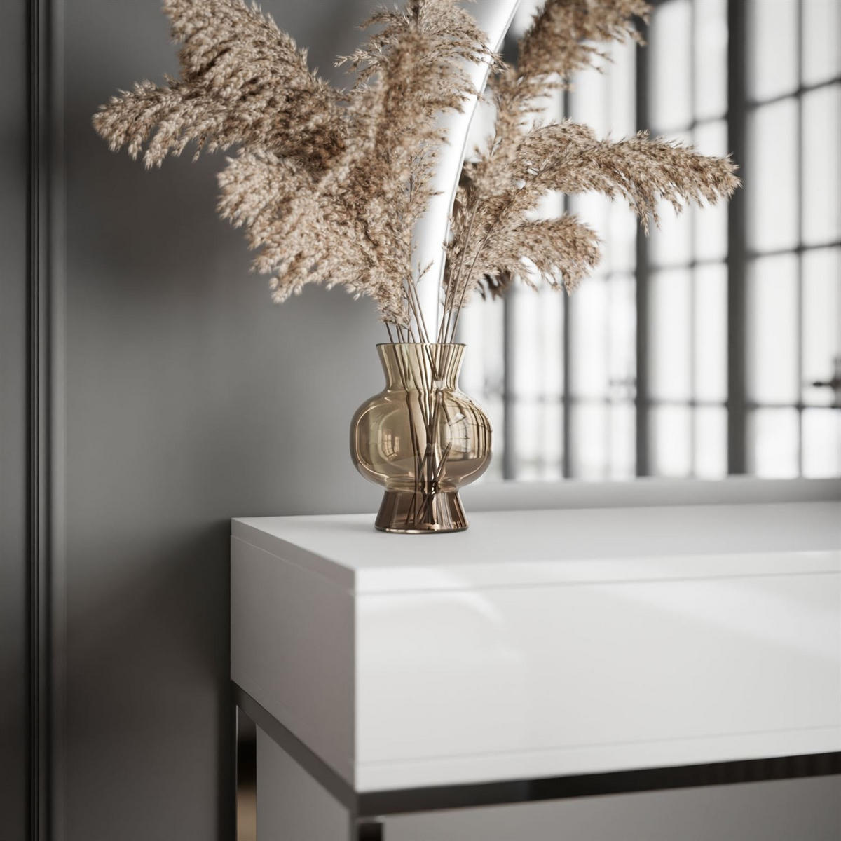 SCHMINKTISCH weiß QUINNIE GLAMOUR mit LED-Spiegel links PUSH OPEN - Silberfarben/Weiß, Holzwerkstoff (100/176/42cm) - Lookway