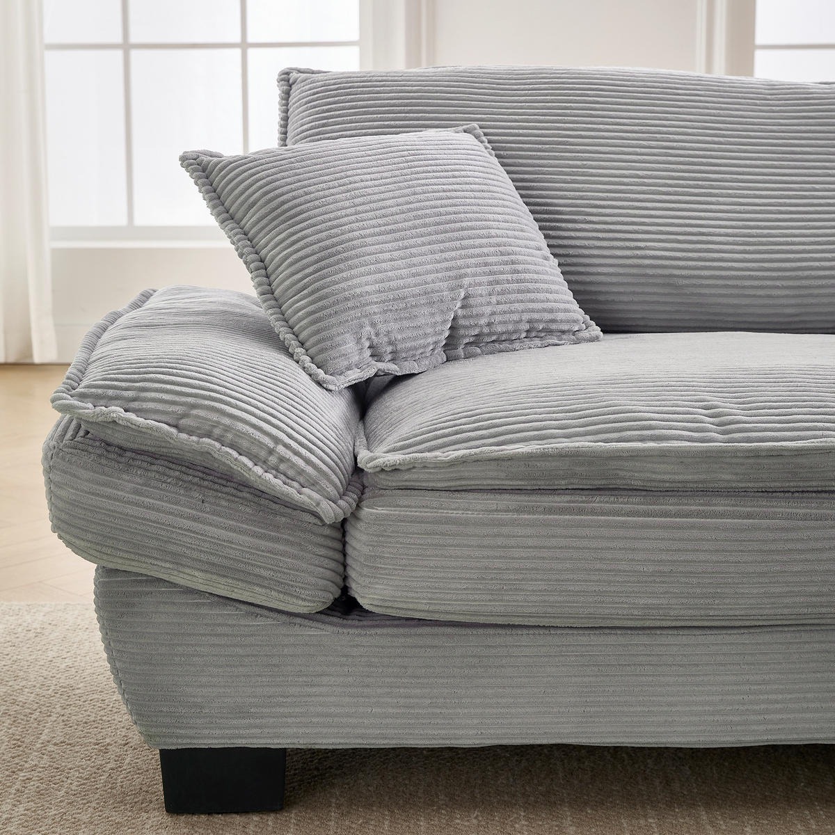 2-SITZER SOFA Cord Hellgrau mit Kissen und Armlehnen - Hellgrau, Holzwerkstoff/Kunststoff (224/81/81cm) - WISHDOR