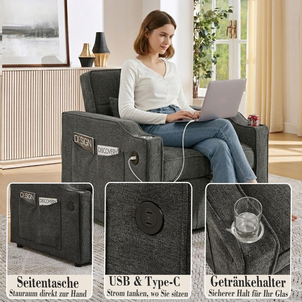 RELAXSESSEL 190/85/86 cm Dunkelgrau mit USB-/Typ-C-Anschluss und Seitentasche - Dunkelgrau, Textil (190/86/85cm) - Oxeza