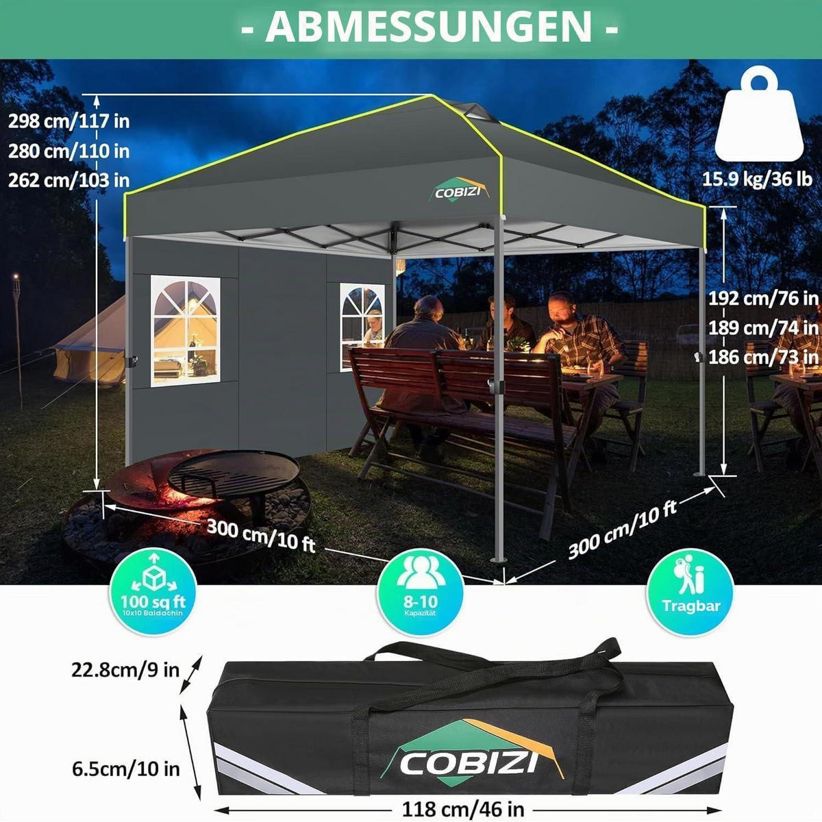 GARTENPAVILLON 3 x 3 m Grau Wasserdicht mit 4 Seitenwänden - Grau, Textil (300/192/300cm)
