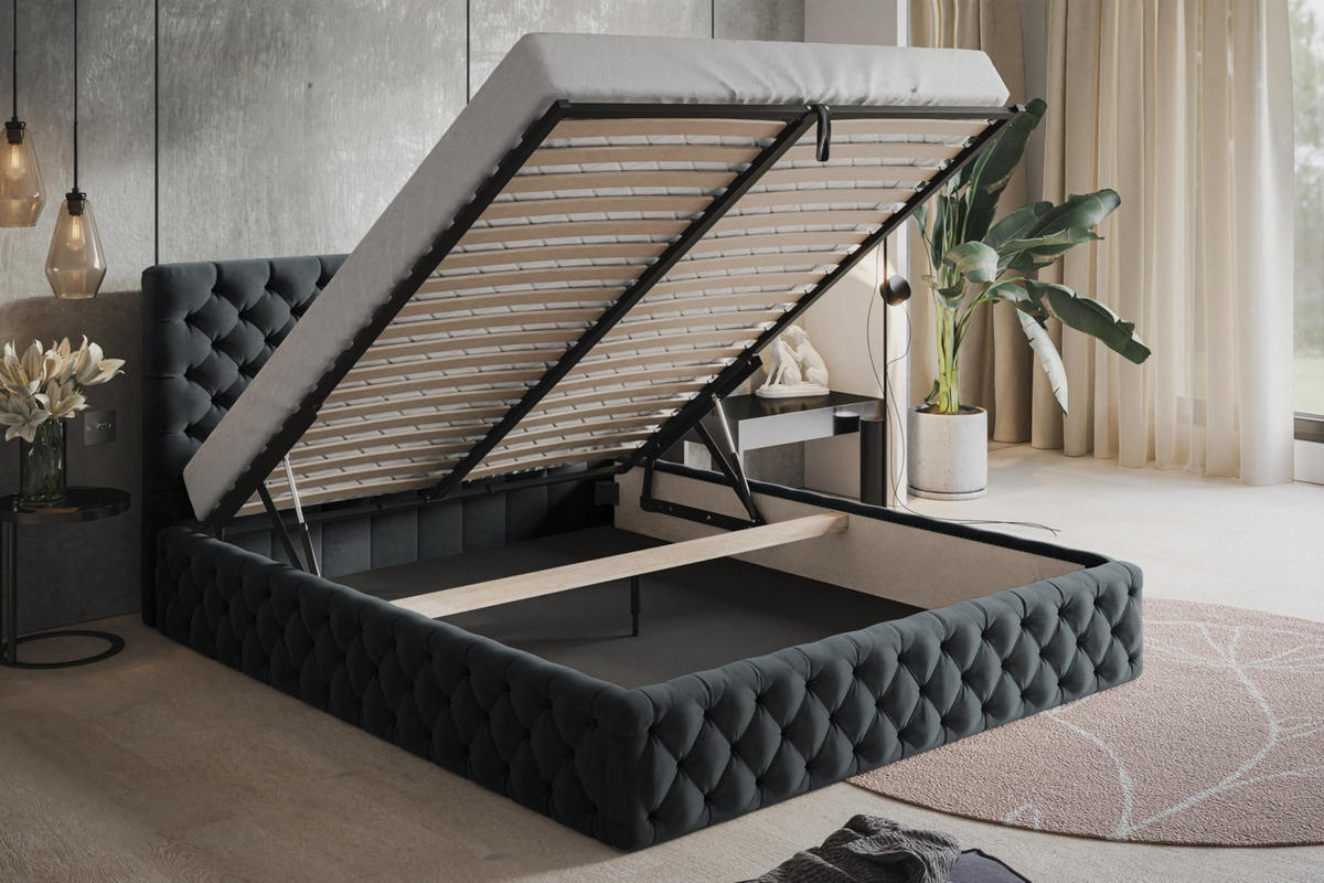 BETT 90x200 - Polsterbett mit Bettkasten und Metallrahmen - Elegant Betten - Weicher Jasminstoff - Kollektion Miami, Dunkelgrau - Dunkelgrau, Holz/Textil (90/200cm) - Alpi-Möbel