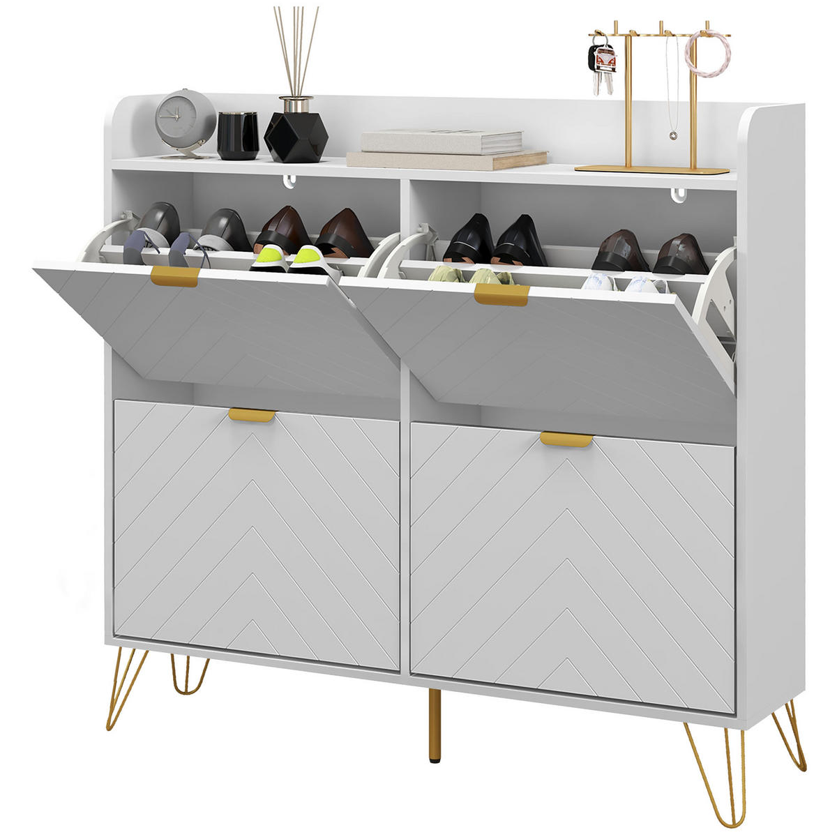 SCHUHSCHRANK DE-15008 4 Klapptüren mit verstellbaren Böden Weiß - Weiß, Holzwerkstoff (106/102/24cm) - ComfortXL