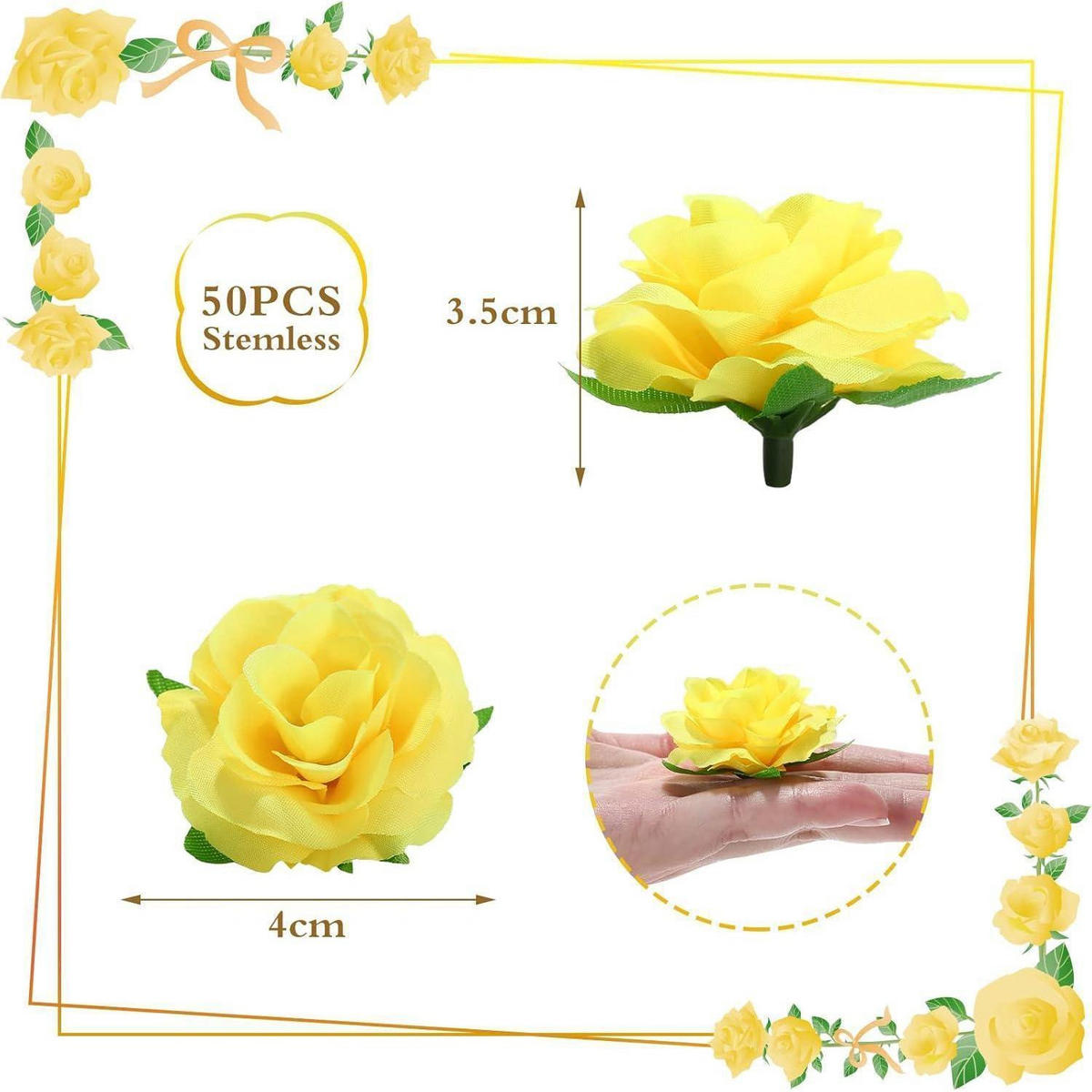 KUNSTBLUMENKÖPFE Rosen 50-teiliges Set Gelb 4 cm - Gelb, Kunststoff (1cm)